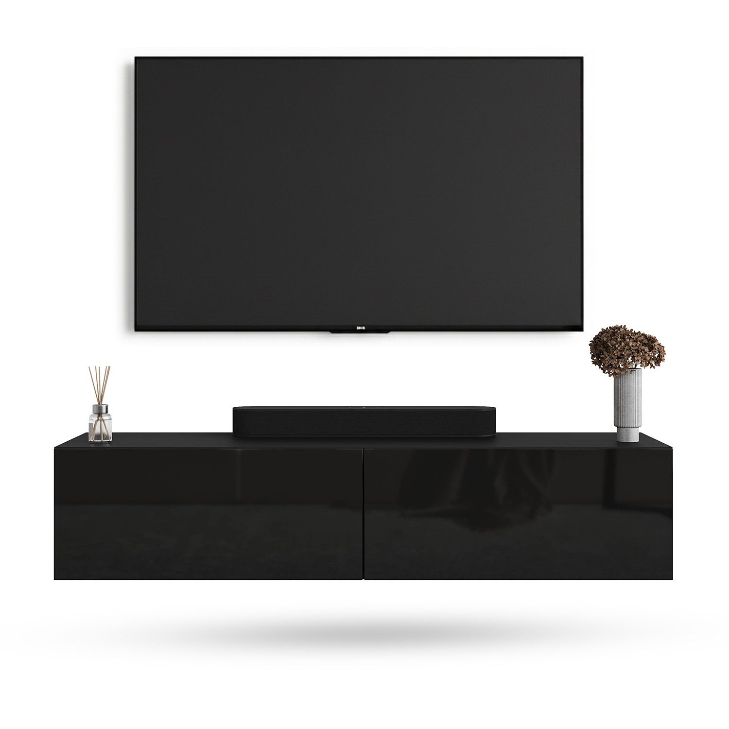 Planetmöbel TV-Schrank West TV-Board, Fernsehtisch 140 cm lang, TV-Lowboard (für Fernseher bis 65 Zoll, TV Schrank viel Stauraum, sideboard hängend, Fernsehschrank 140 x 30 x 37,5 cm) schwarz
