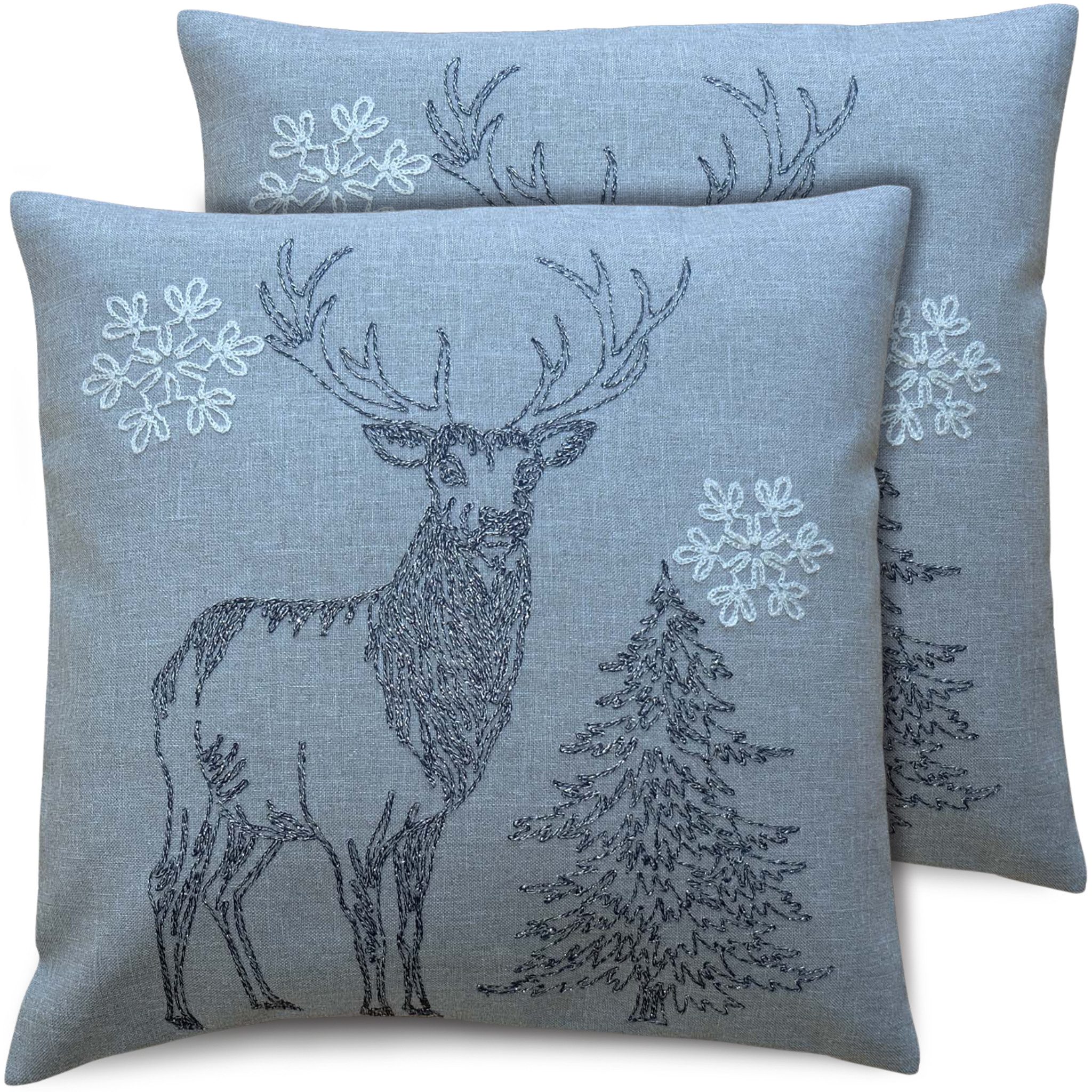 matches21 HOME & HOBBY Kissenbezüge 2er Set Kissenhüllen 40x40 cm grau mit Hirsch als Weihnachts-Deko, (2 Stück), Zierkissen-Bezüge für Sofa-Kissen, Couch-Kissen