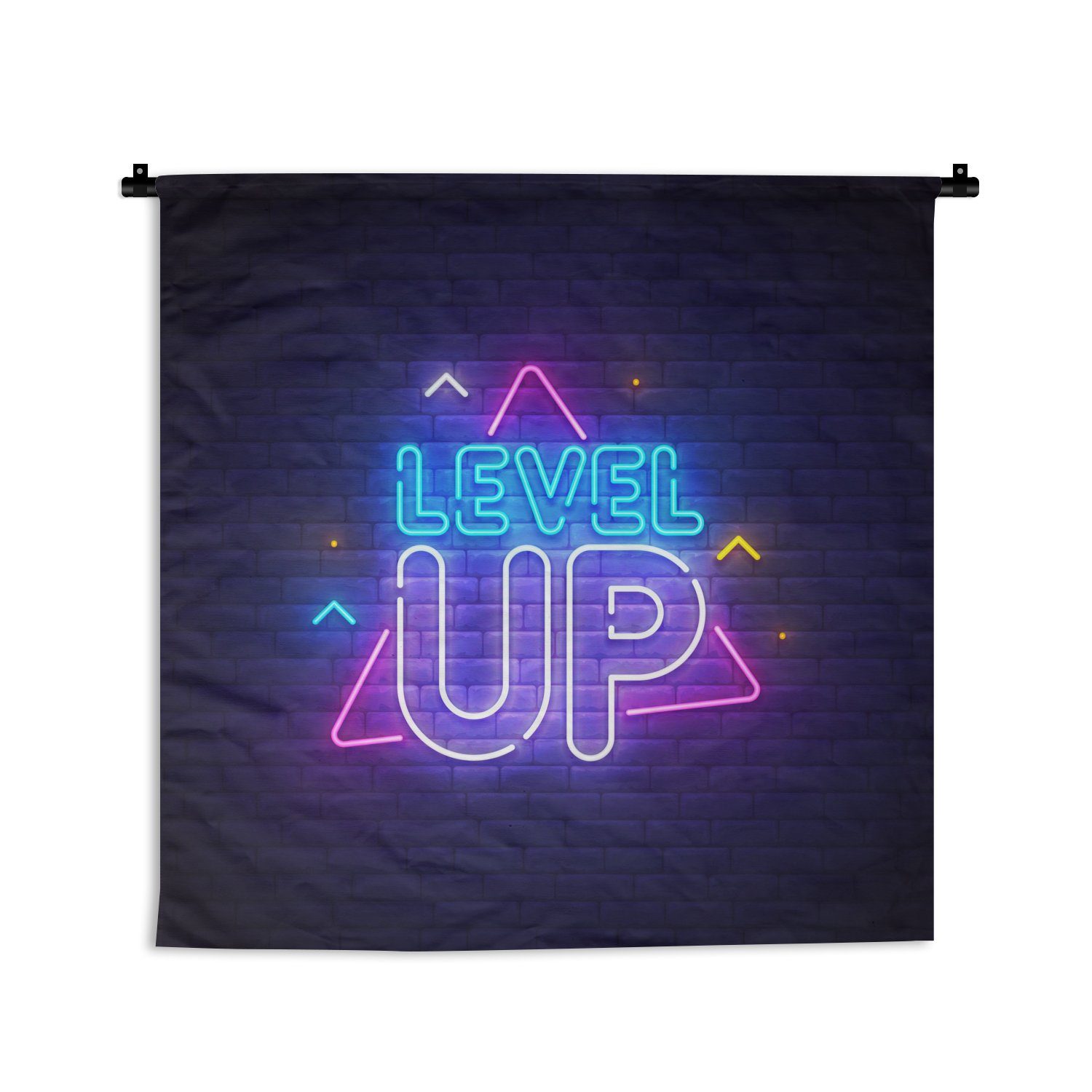 MuchoWow Wandteppich Spiele - Neon - Level Up - Zitate - Spiele, Quadratisch, Höhe: 3 mm, Wand Teppich, Deko für an den Wand, 60x60 cm