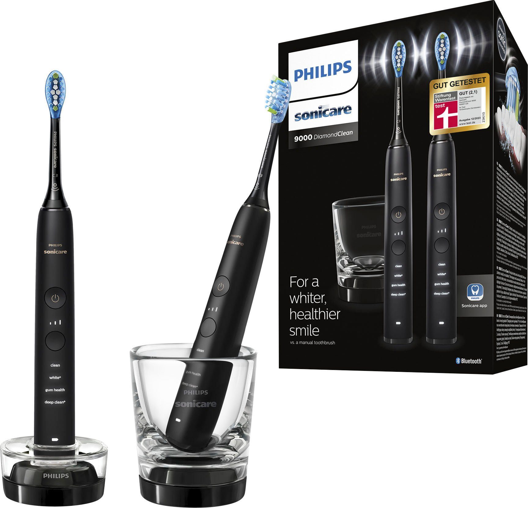 Philips Sonicare Elektrische Zahnbürste HX9914, Aufsteckbürsten: 2 St., DiamondClean Premium Schallzahnbürste, Doppelpack inkl. Ladeglas