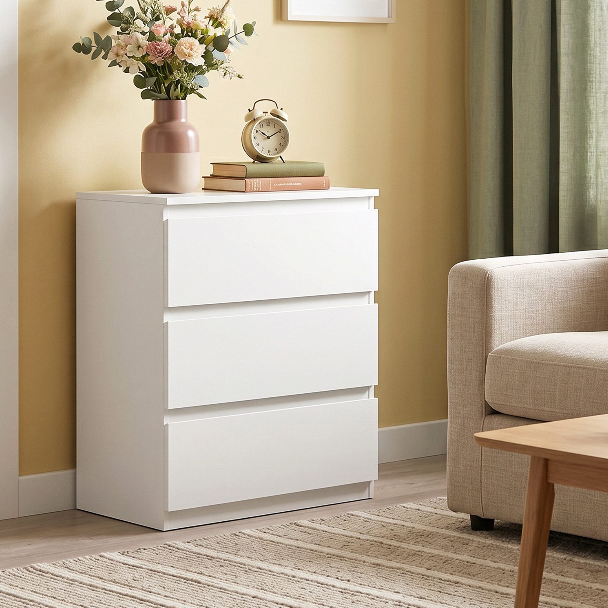OKWISH Sideboard Schubladenschrank mit 3 Schubladen Modern Weiß (Packung, 1 St., Praktischer Schrank zur Organisation von Kleidung und Zubehör), Aufbewahrungsmöbel für Schlafzimmer und Wohnbereich