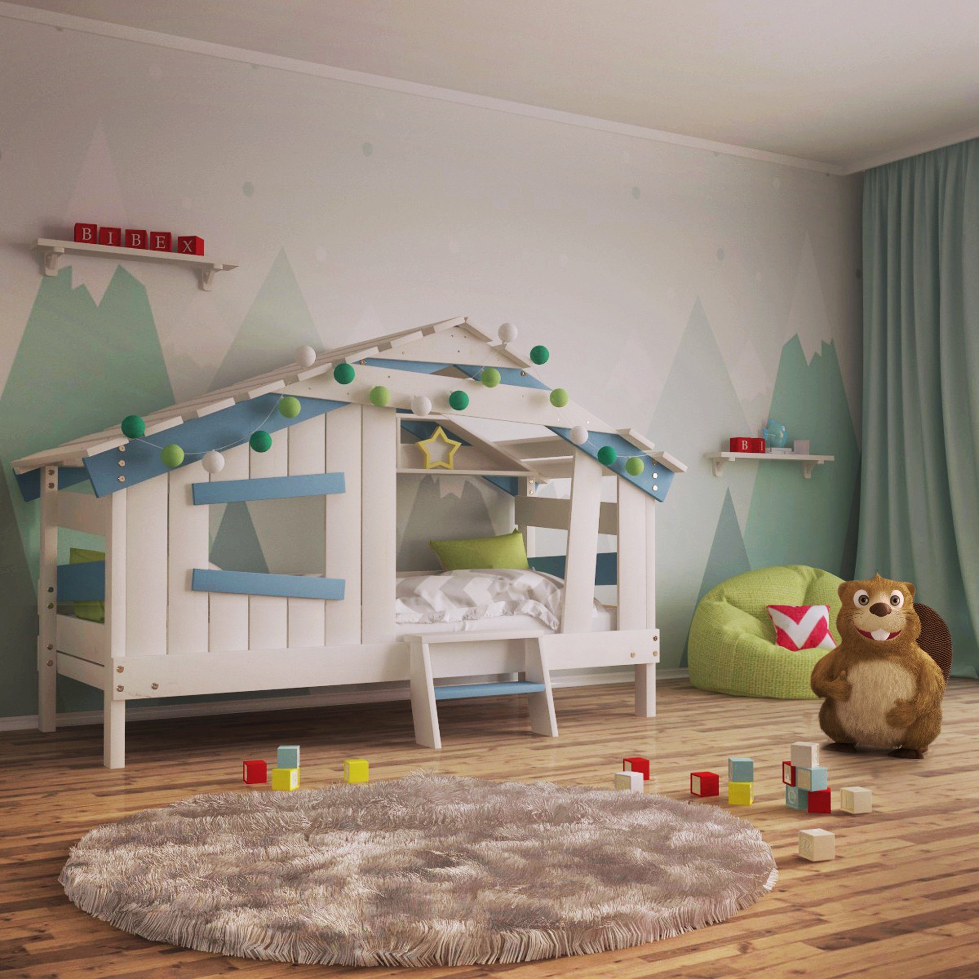 bibex Kinderbett APART CHALET Kinderbett, Jugendbett, Spielbett, himmel-blau