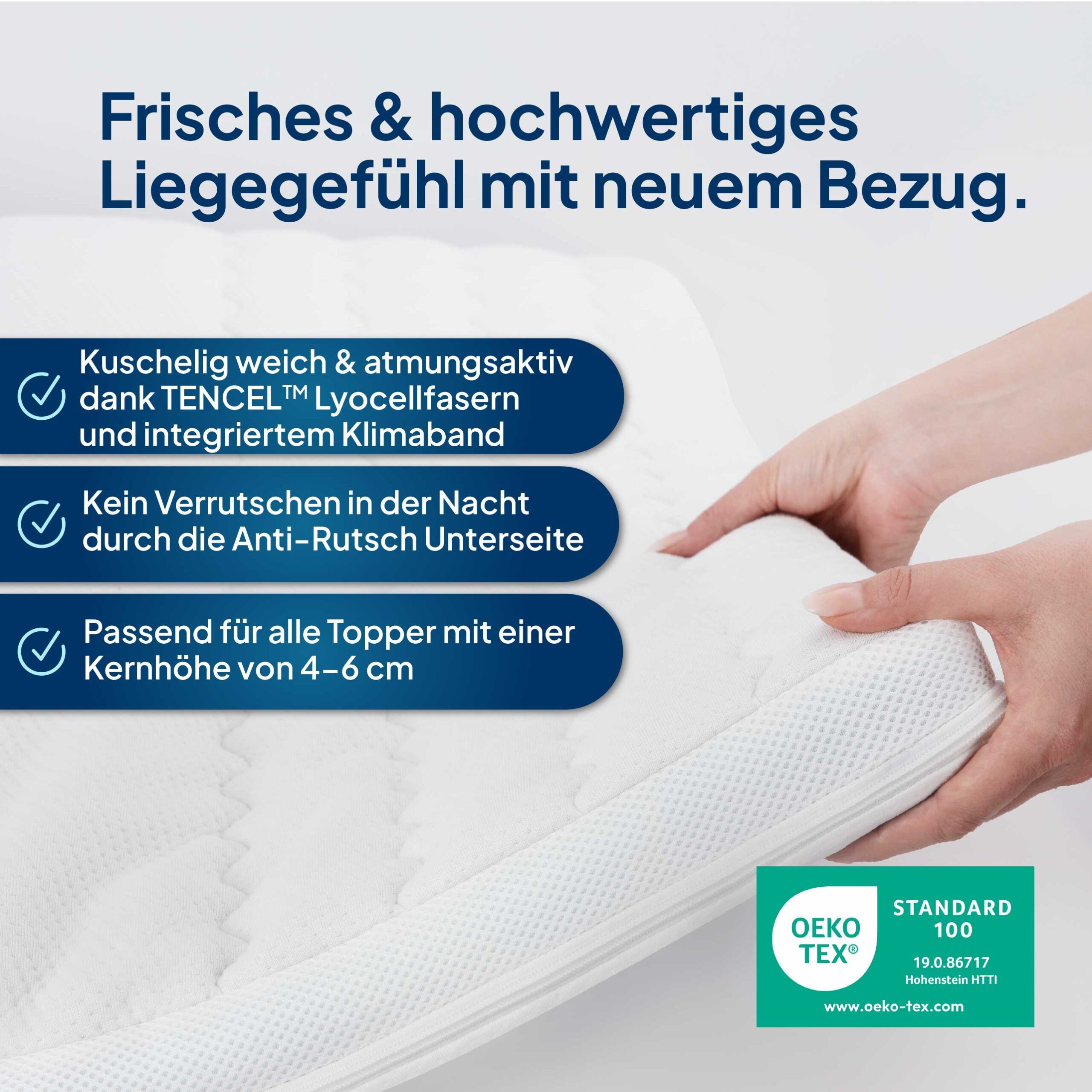 AM Qualitätsmatratzen, Topper Bezug, Atmungsaktiver TENCEL™ Lyocell Topperbezug mit Reißverschluss, 6 cm hoch, TENCEL™ Lyocell, 90x200 cm