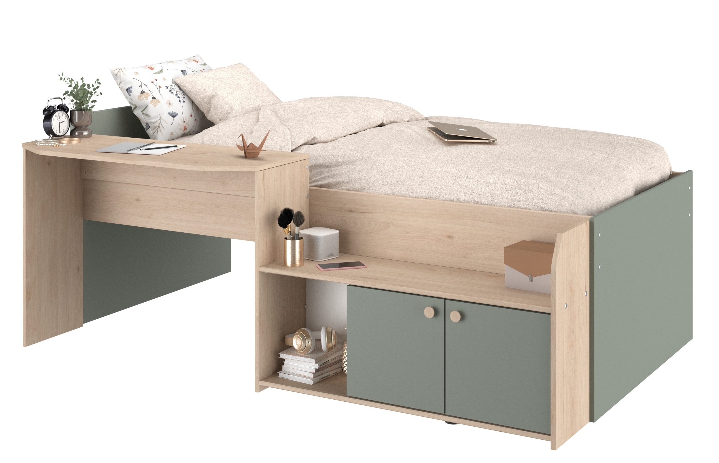 Parisot Hochbett Jade 1 in Seladon Grün und Jackson Eiche (Komplett Set, 1-St., halbhohes Hochbett) Stauraum