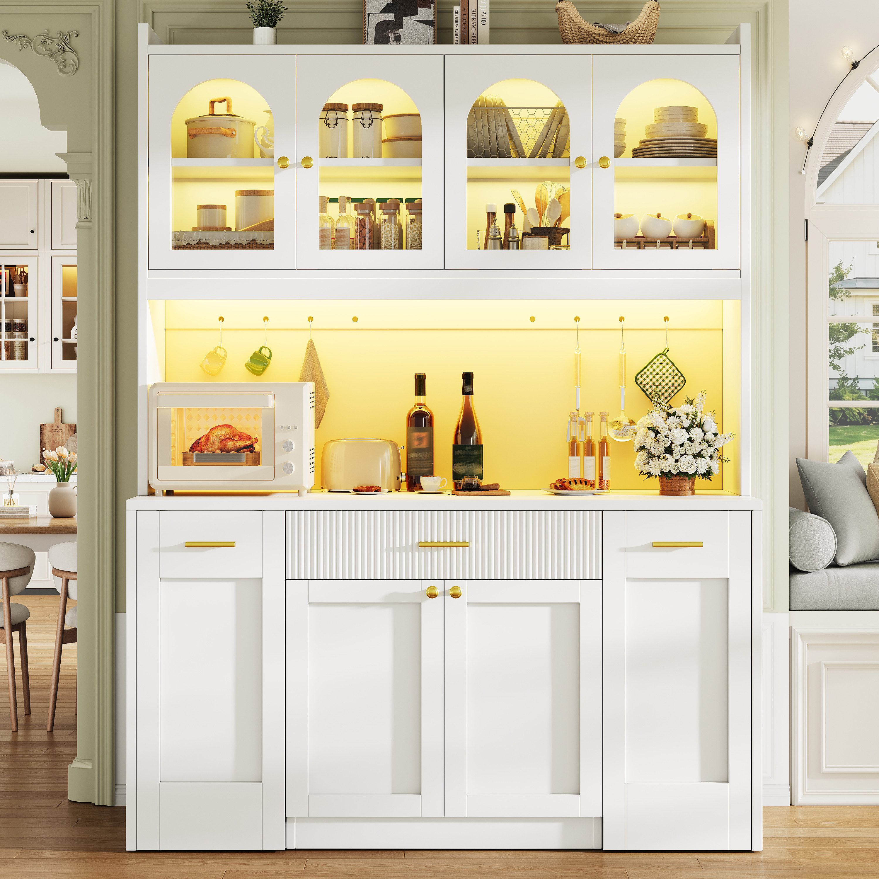Flieks Küchenbuffet Hochschrankmit LED-Beleuchtung, 4 Glastüren, beidseitigen Roll-Ablagen (B120/T40/H187 cm, 1-St) Küchenschrank Glasvitrinen mit verstellbarer – Bild 2 von 5
