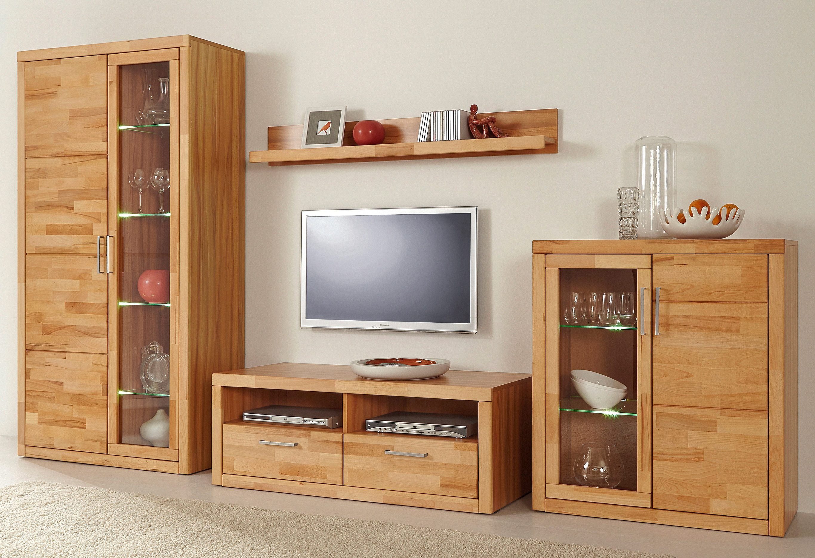 OTTO home Wohnwand Logo,Fronten Massivholz,Korpus Holzwekstoff,viel Stauraum, (Set, 4-St), B/T/H/: 90/42/190, Türen und Schubladen, bei TV Teil Kabeldurchführung