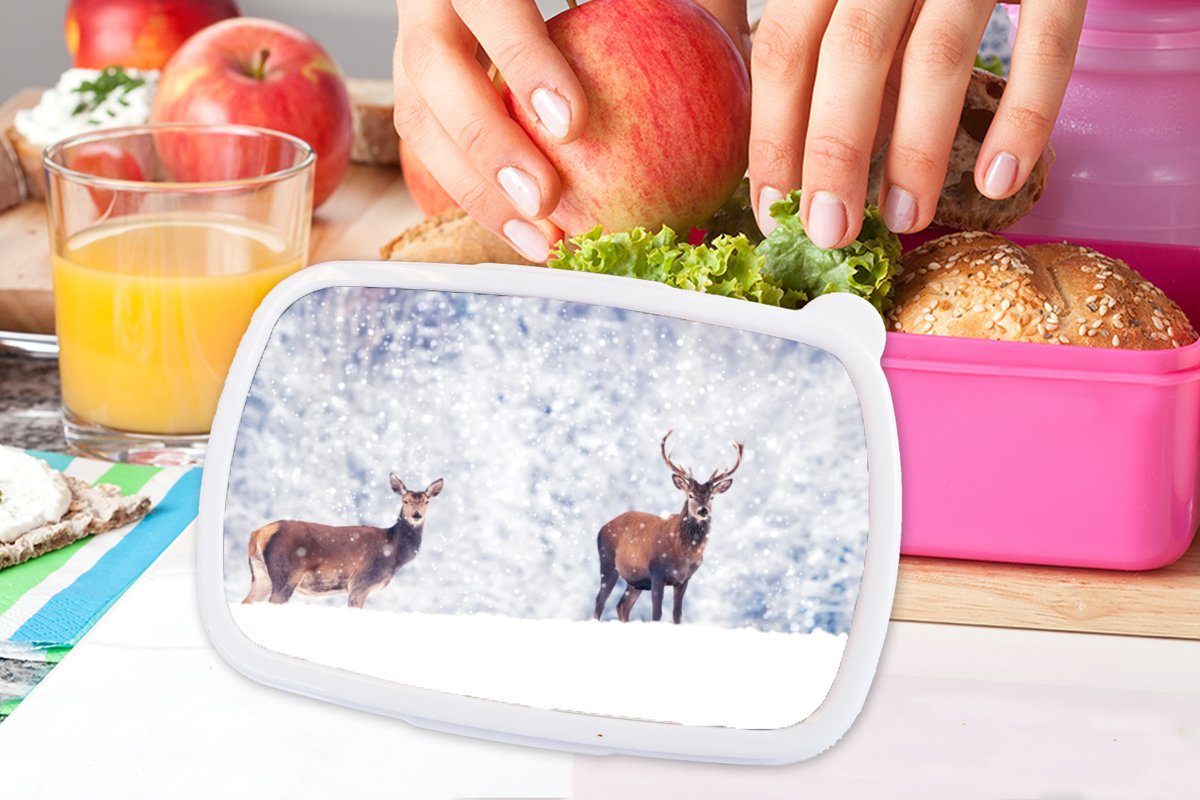 MuchoWow Lunchbox Brotbox Brotdose Tiere Kunststoff, (2-tlg), Erwachsene, - Kunststoff Kinder, rosa Schnee, Hirsche Snackbox, - Mädchen, für