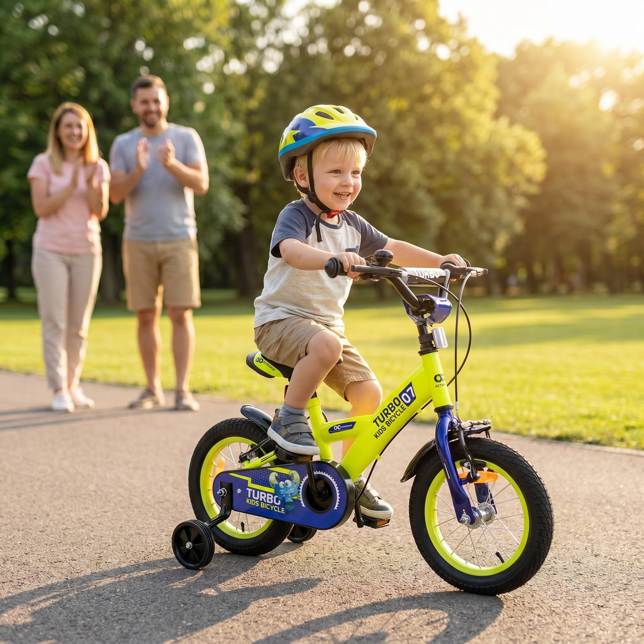 Actionbikes Motors Kinderfahrrad Kinder Fahrrad Turbo mit Stützräder, 1 Gang, ohne Schaltung, (12 Zoll, ab 95 cm Körpergröße, max. Zuladung 35 kg, Stützräder, Reflektoren, Antirutschgriffe, Lenkerschutz, Kettenschutz, V-Brake-Bremse, Luftbereifung, Schutzbleche, gelb / blau), höhenverstellbares Bike Jungen Mädchen Kinderrad ab 2 Jahre