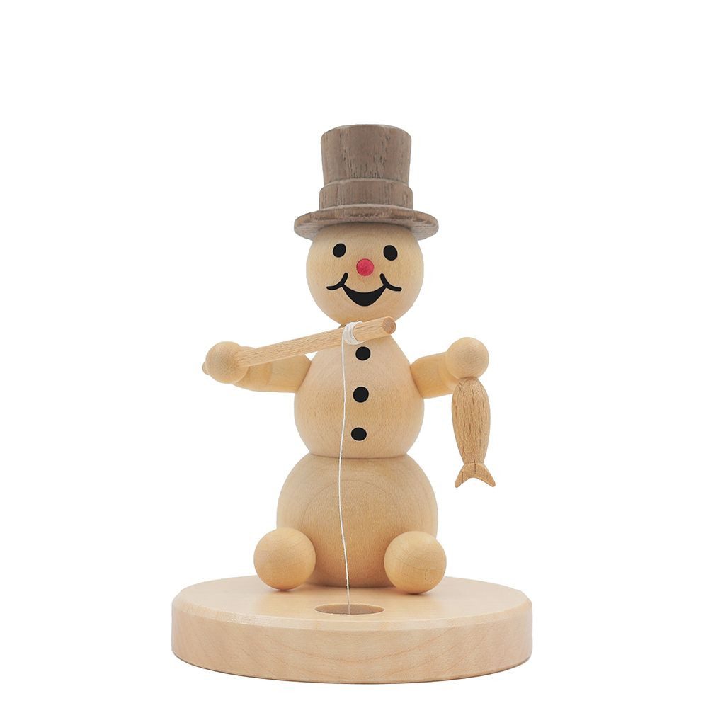 Drechslerei Volkmar Wagner Räuchermännchen Schneemann „Eisangler“ auf Sockel - 10 cm - Original Erzgebirge