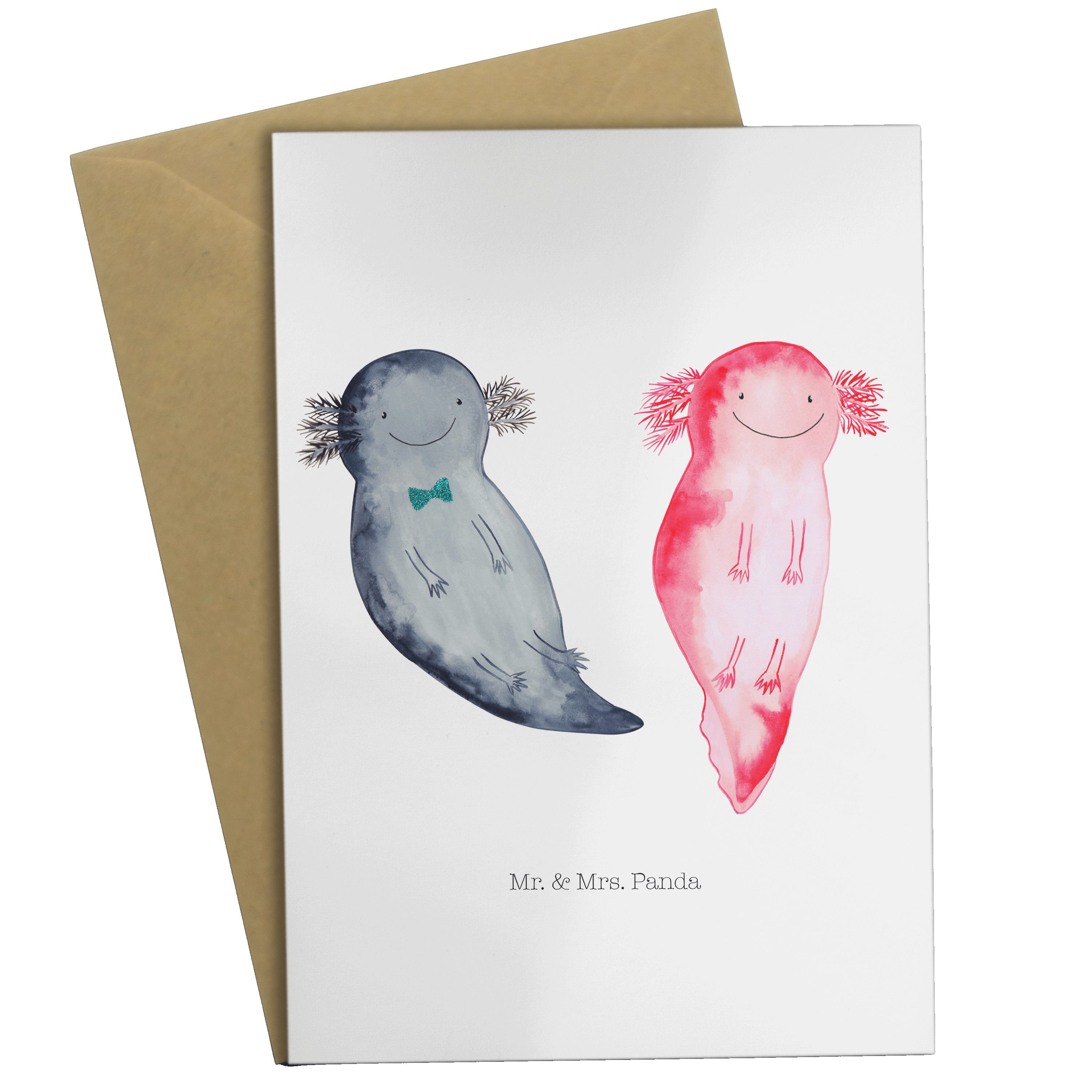 Mr. & Mrs. Panda Grußkarte Axolotl Axel+Lotte - Weiß - Geschenk, Verlobter, Lurch, Einladungskar | Grußkarten
