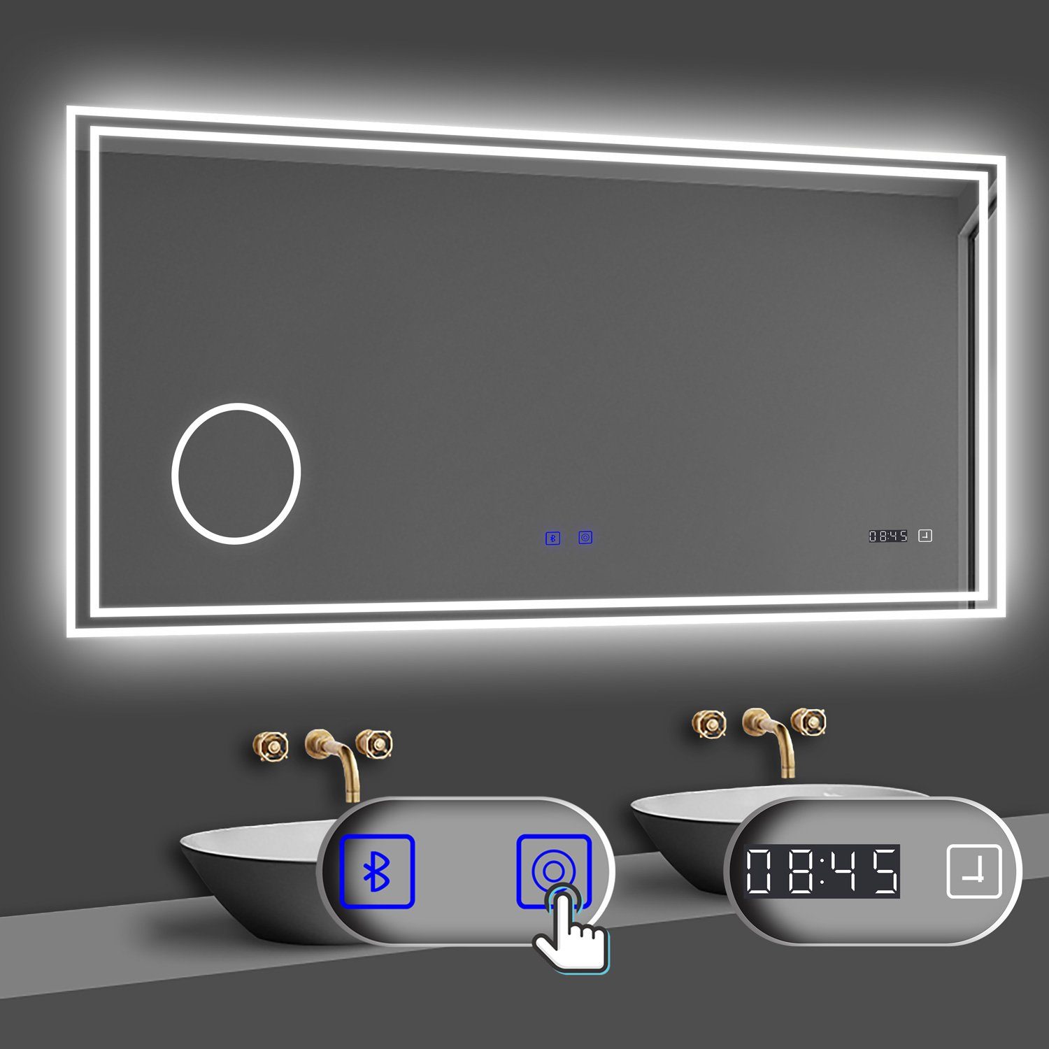duschspa Badspiegel 80-160cm mit LED, Uhr, Beschlagfrei, Schminkspiegel, Kalt/Warm/Neutral Licht, dimmbar, Helligkeit-Speicherfunktion