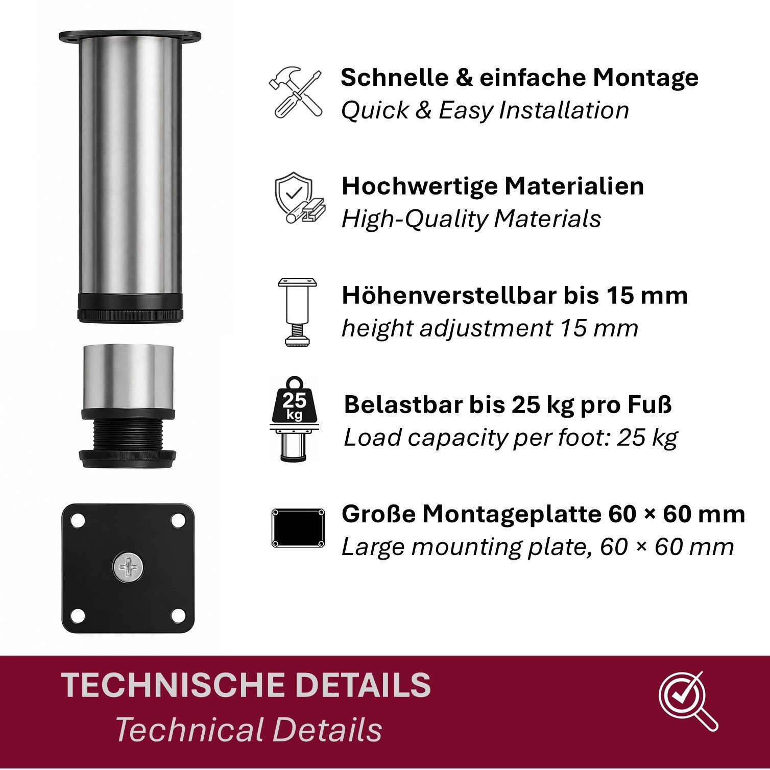 HOOZ Möbelfuß Edelstahl 80 mm höhenverstellbar 4er Set für Schrank & Kommode Ø50 mm, (Set, 4-St., 4er-Set Möbelbeine), Höhenverstellbar bis 15 mm mit integriertem Bodenschutz