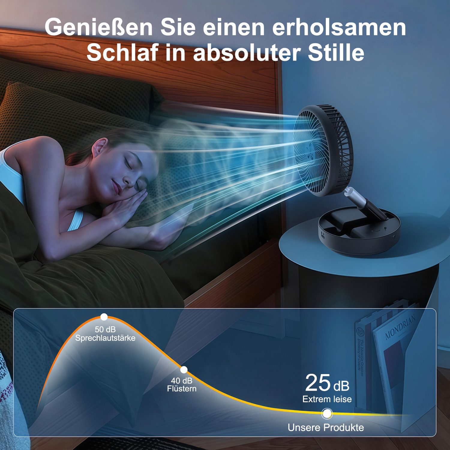 MOPUEA Standventilator Akku-Standventilator Faltbar Höhenverstellbar Fernbedienung Tragbar, Faltbar höhenverstellbar leise Akku Fernbedienung – Bild 4 von 5
