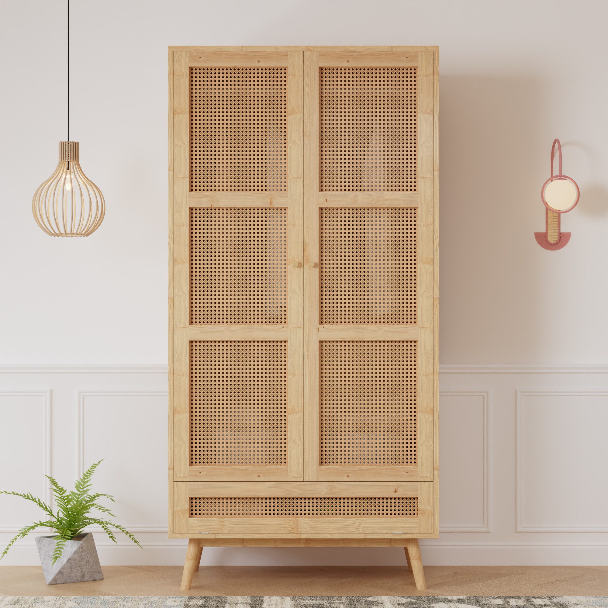 MODFU Kleiderschrank mit Stange, 2-türiger Schrank mit Flip-Top Deckel, Rattannetz Design (für Schlafzimmer und Wohnzimmer, Spanplatte + PE-Rattan)