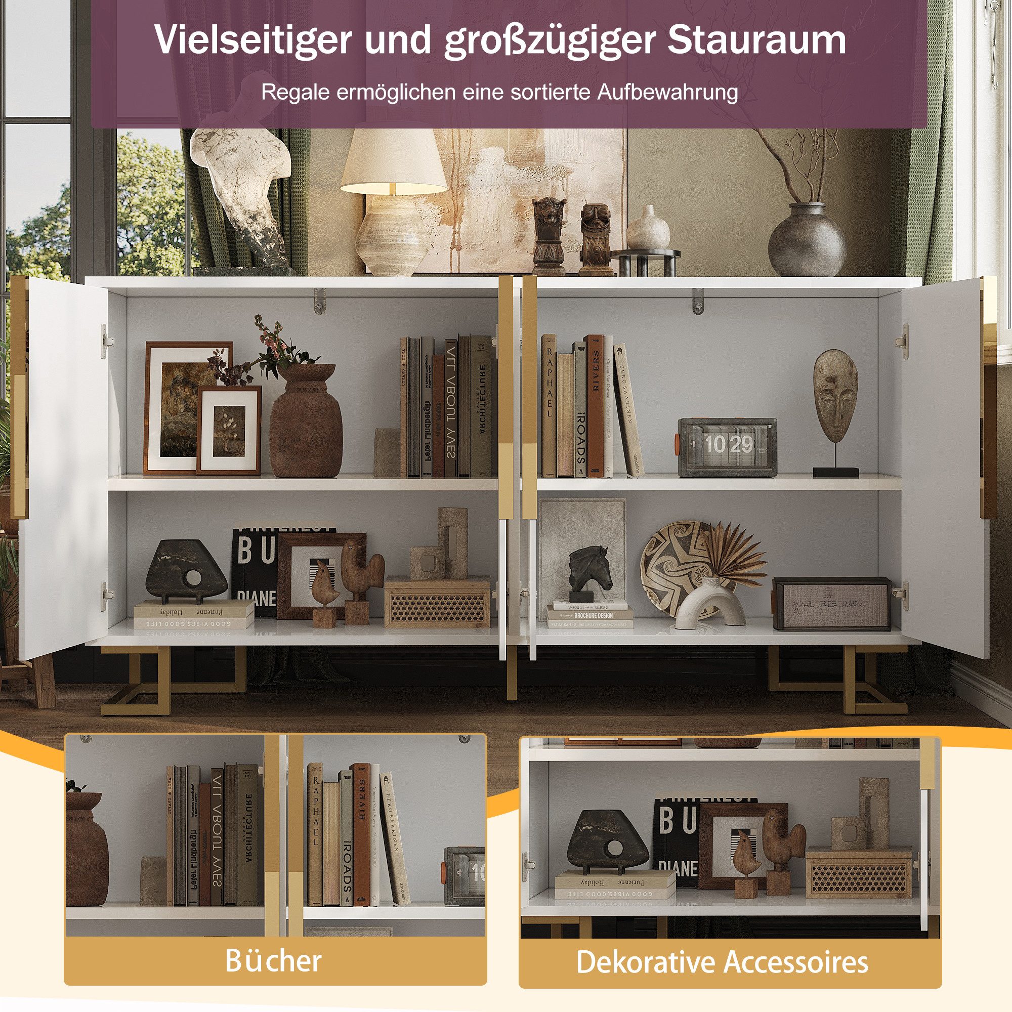 i@home Sideboard, Mit goldene Griffe und Füße, weiß/schwarz