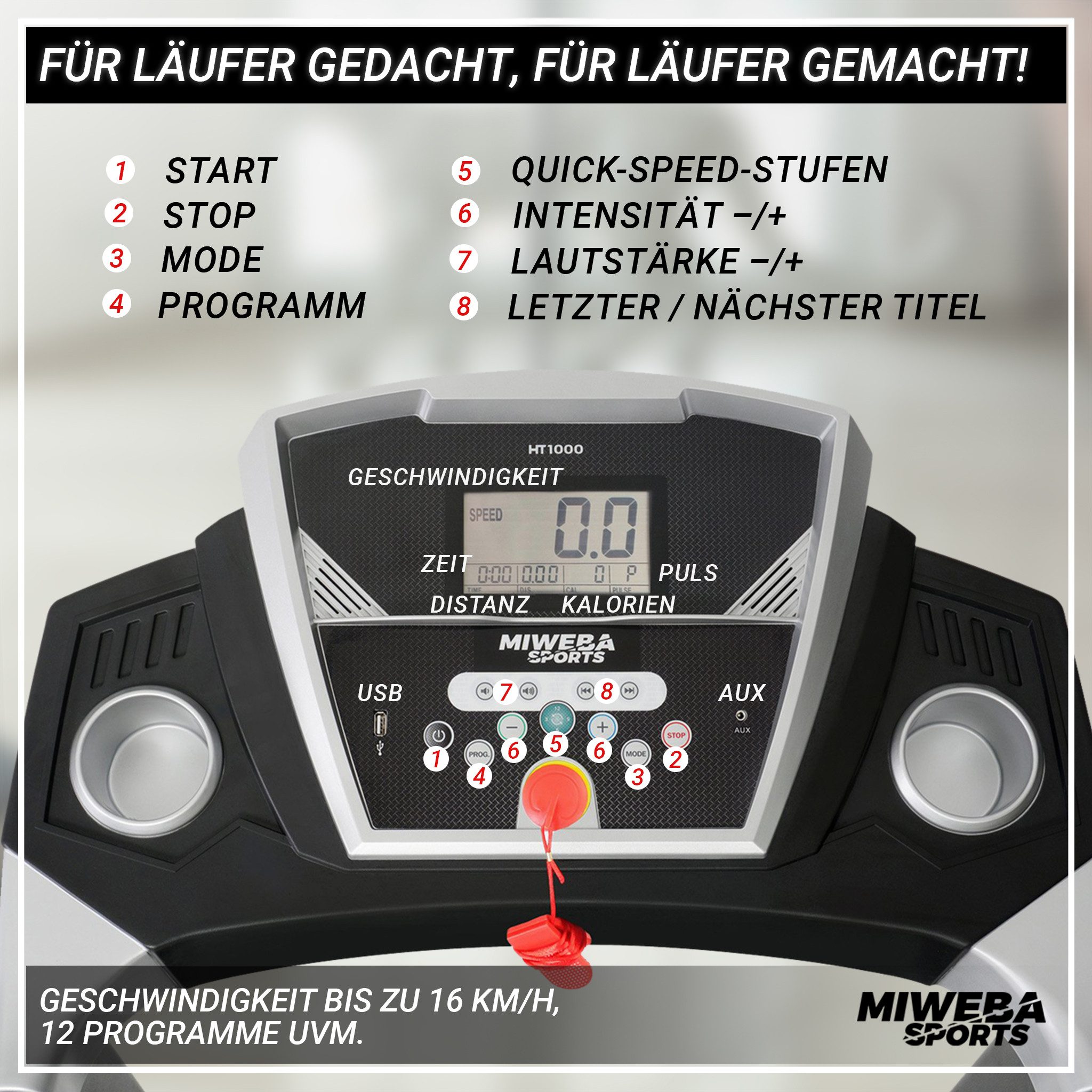Miweba Sports Laufband klappbar HT1000F - bis 16 km/h - bis 6% Steigung (Laufband für Zuhause, Walking Pad, Treadmill, Heimtrainer, Speedrunner, 16 Laufprogramme, Tablet Halterung, extra große Lauffläche), Laufband klappbar, Laufband klein für zur Hause, Laufband mit Steigung
