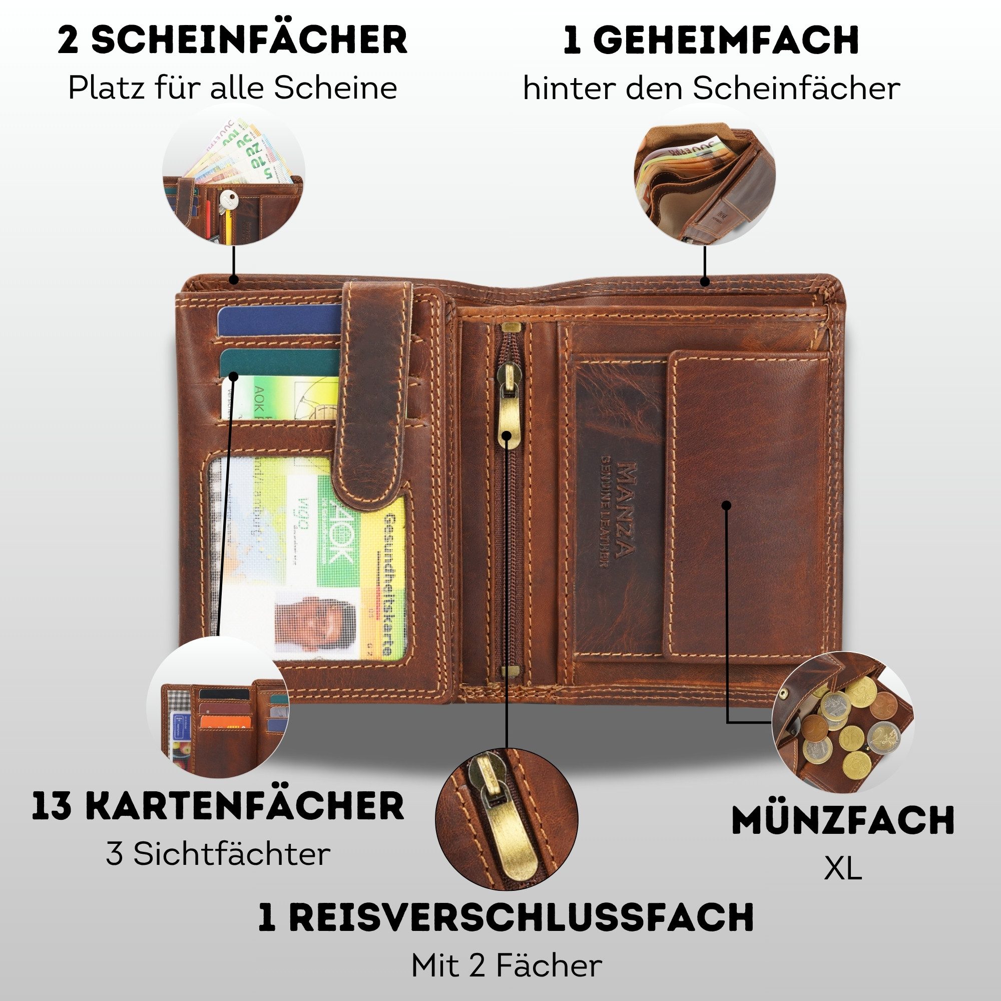 Manza Geldbörse Geldbörse Herren Schwarz mit RFID, Geheimfach und Geschenkbox, Geschenkbox, Geheimfach und RFID Blocker, Hochwertiges Nappa Leder