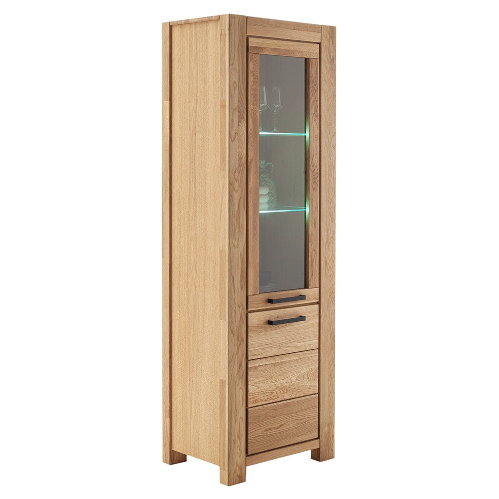 Lomadox Vitrine SELISTE-06 Massivholzmöbel, Eiche teilmassiv geölt, Anschlag rechts, Beleuchtung