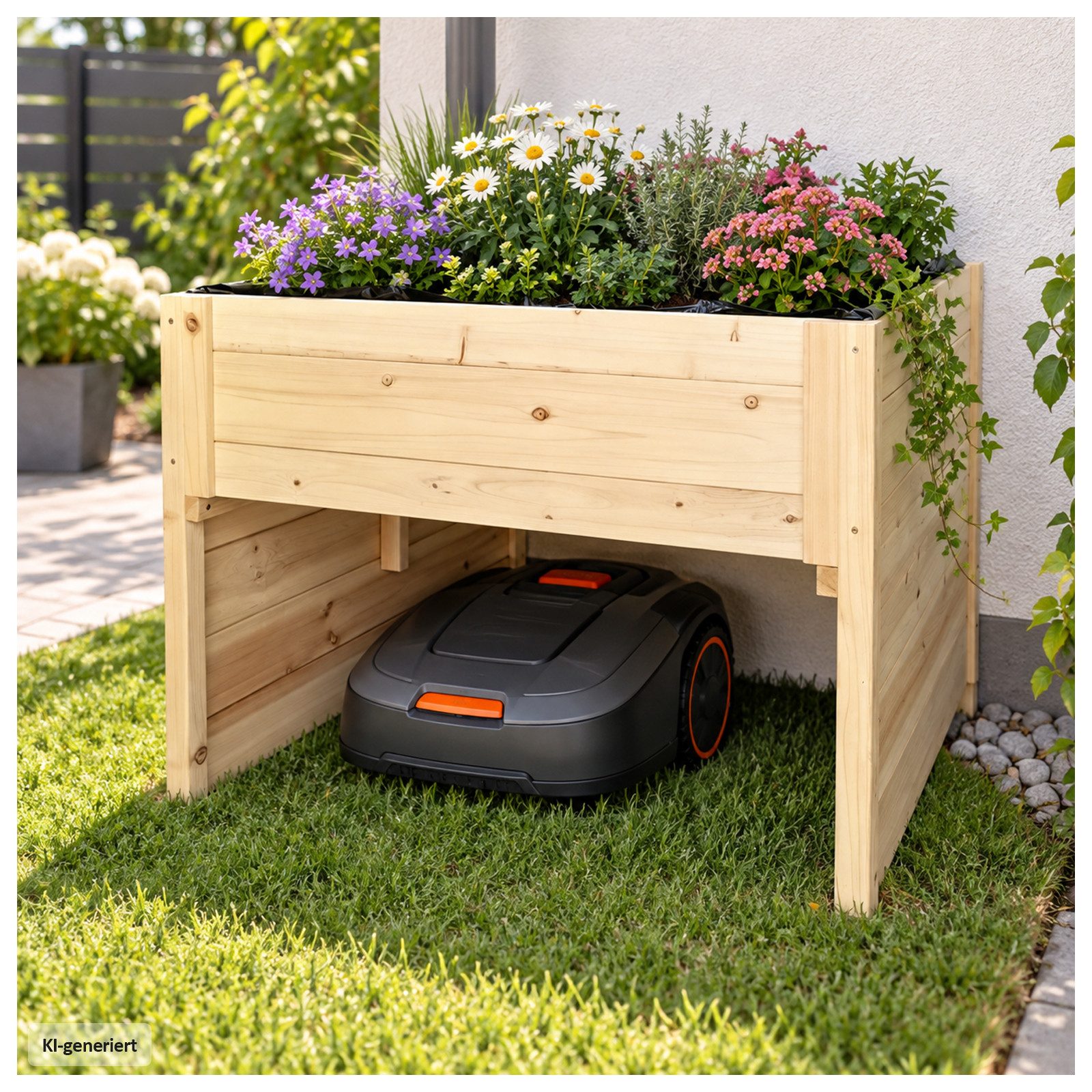 HTI-Living Mähroboter-Garage Rasenmähergarage Bernie aus Fichtenholz mit Pflanzkasten Natur Hell, BxTxH: 73x79x56 cm, (1 Stück, 1-St., 1 Rasenmähergarage inkl. Folie), Unterstand für Mähroboter mit Hochbeet
