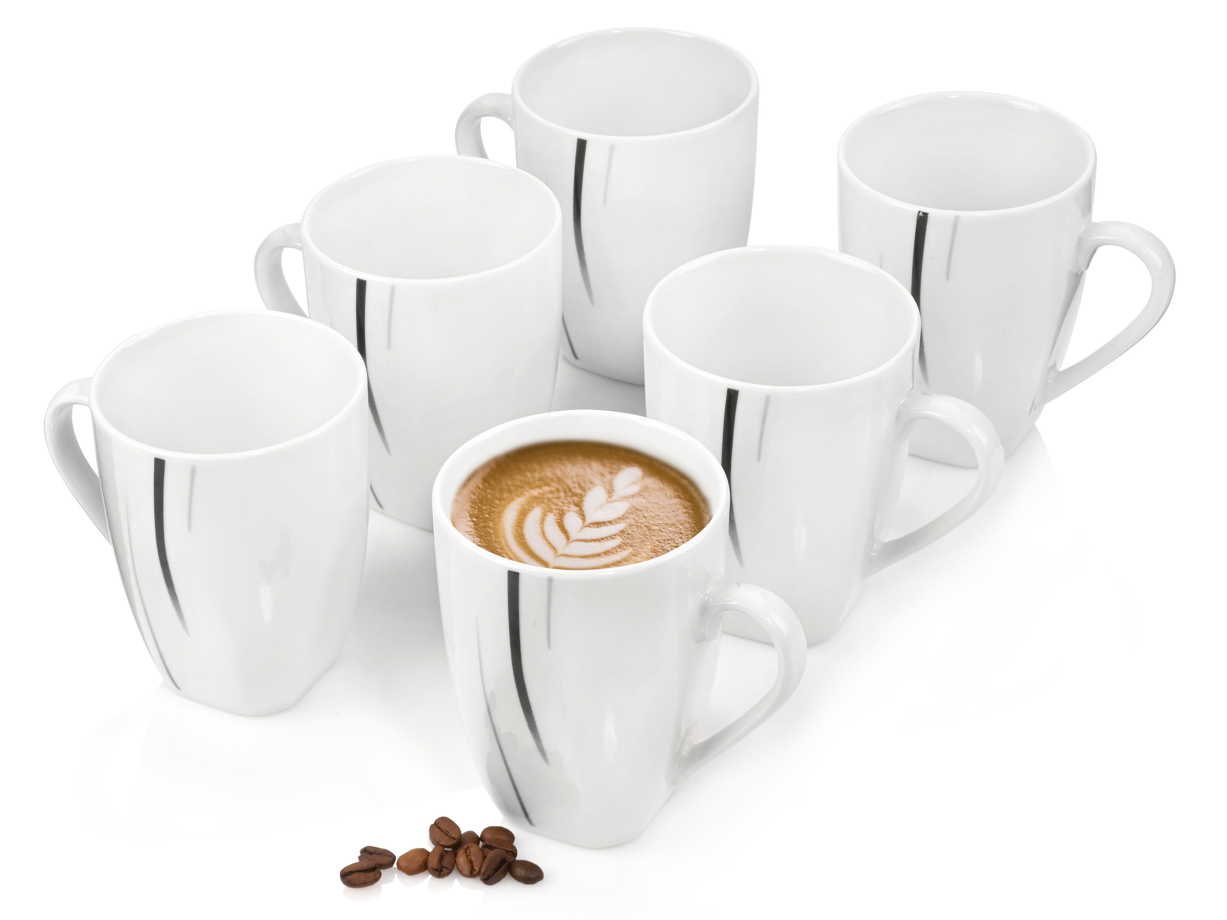 SÄNGER Becher Bilgola Black Lines Kaffeetassen-Set, Weiß, 6-tlg., Porzellan, ⌀ 8,5x10,5cm, 250 ml, Premium Collection