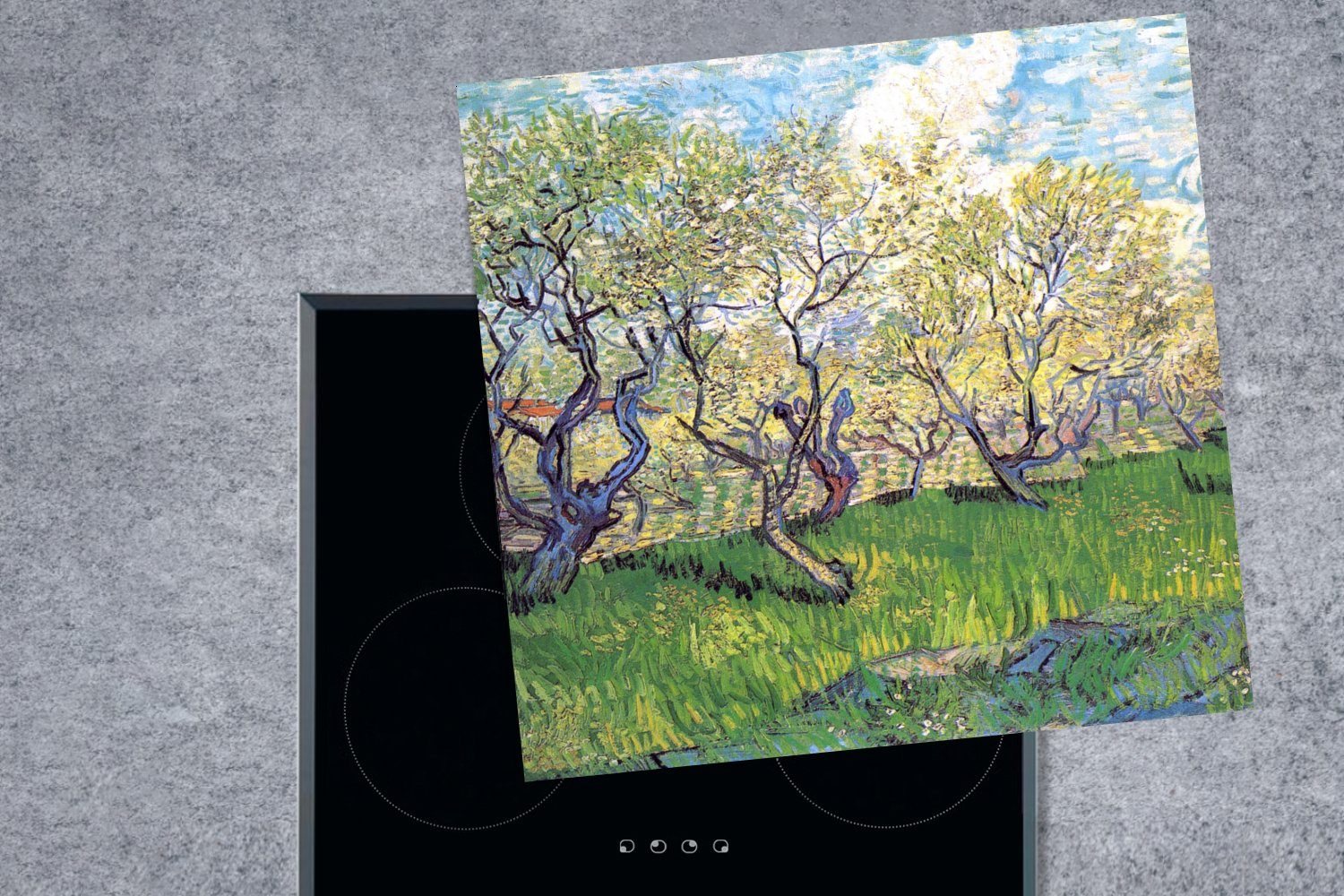 Obstgarten Gemälde für van Arbeitsplatte Ceranfeldabdeckung, Gogh, tlg), von Herdblende-/Abdeckplatte cm, Vinyl, mit Vincent Pflaumen 78x78 (1 blühenden MuchoWow küche -
