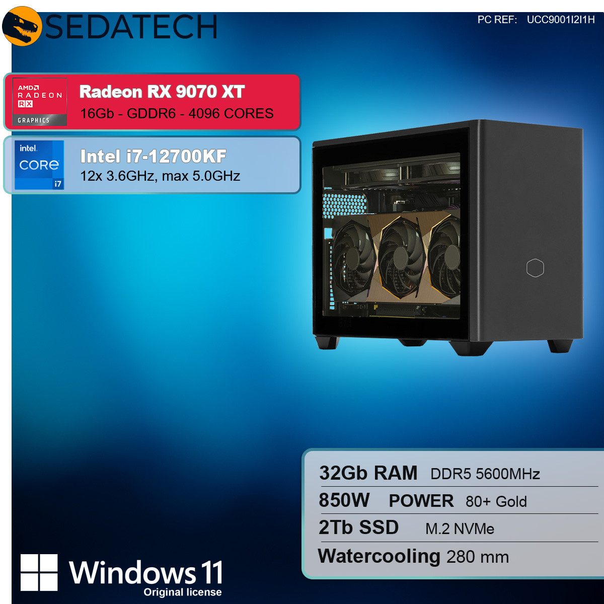 Sedatech UCC9001I2I1HF - Watercooling Workstation Business-PC (Intel Core i7 12700KF 12x 3.6GHz (max 5.0GHz), Radeon RX 9070 XT 16GB, 32 GB RAM, 2000 GB SSD, Watercooling, Wlan 6E)
