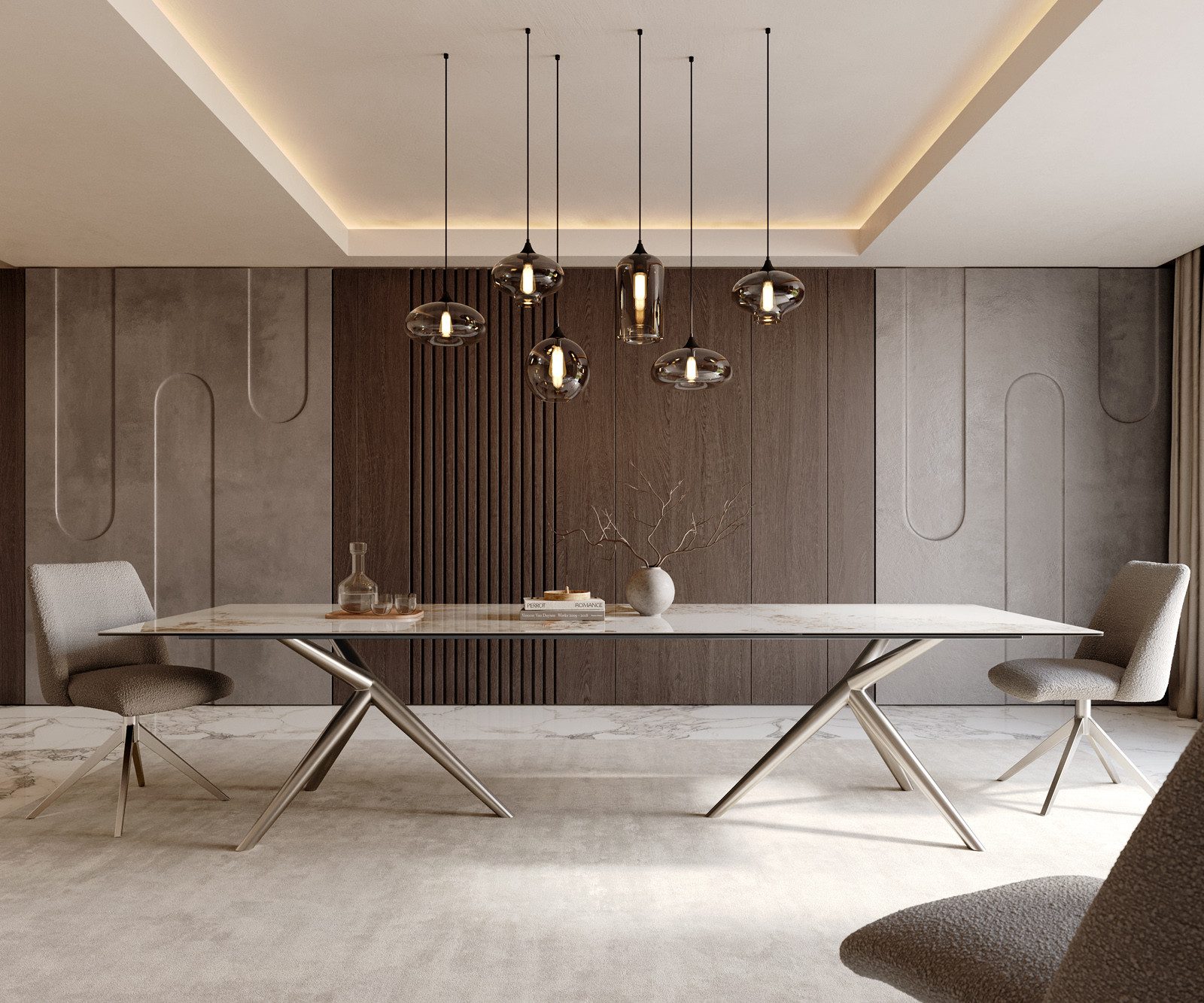 DELIFE Esstisch Edge, Keramik Minas Melange Weiß-Beige 300x100 Estelar rund Edelstahl