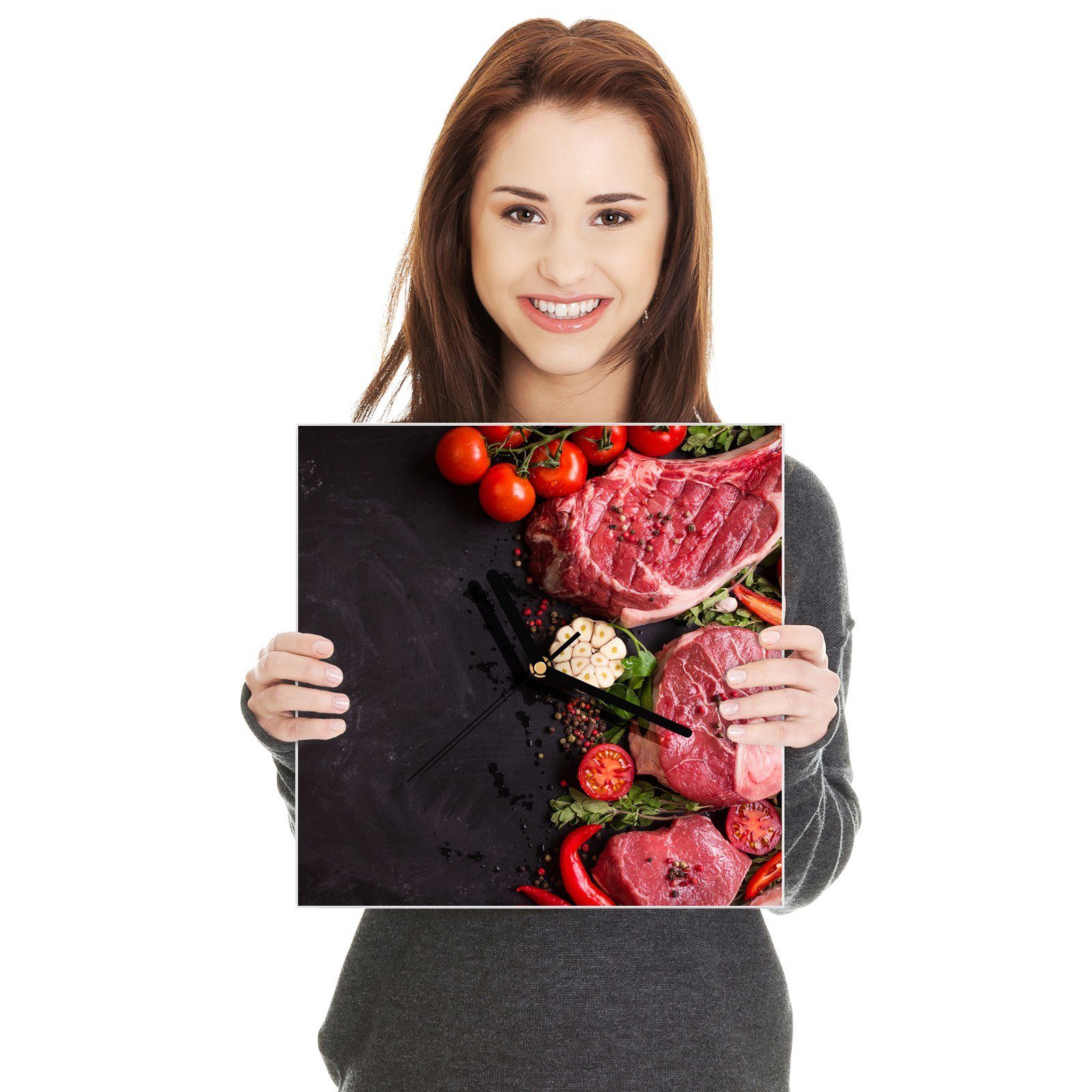Primedeco Wanduhr Glasuhr Wanduhr Wandkunst 30 mit x Steak cm und Größe Motiv Gemüse 30