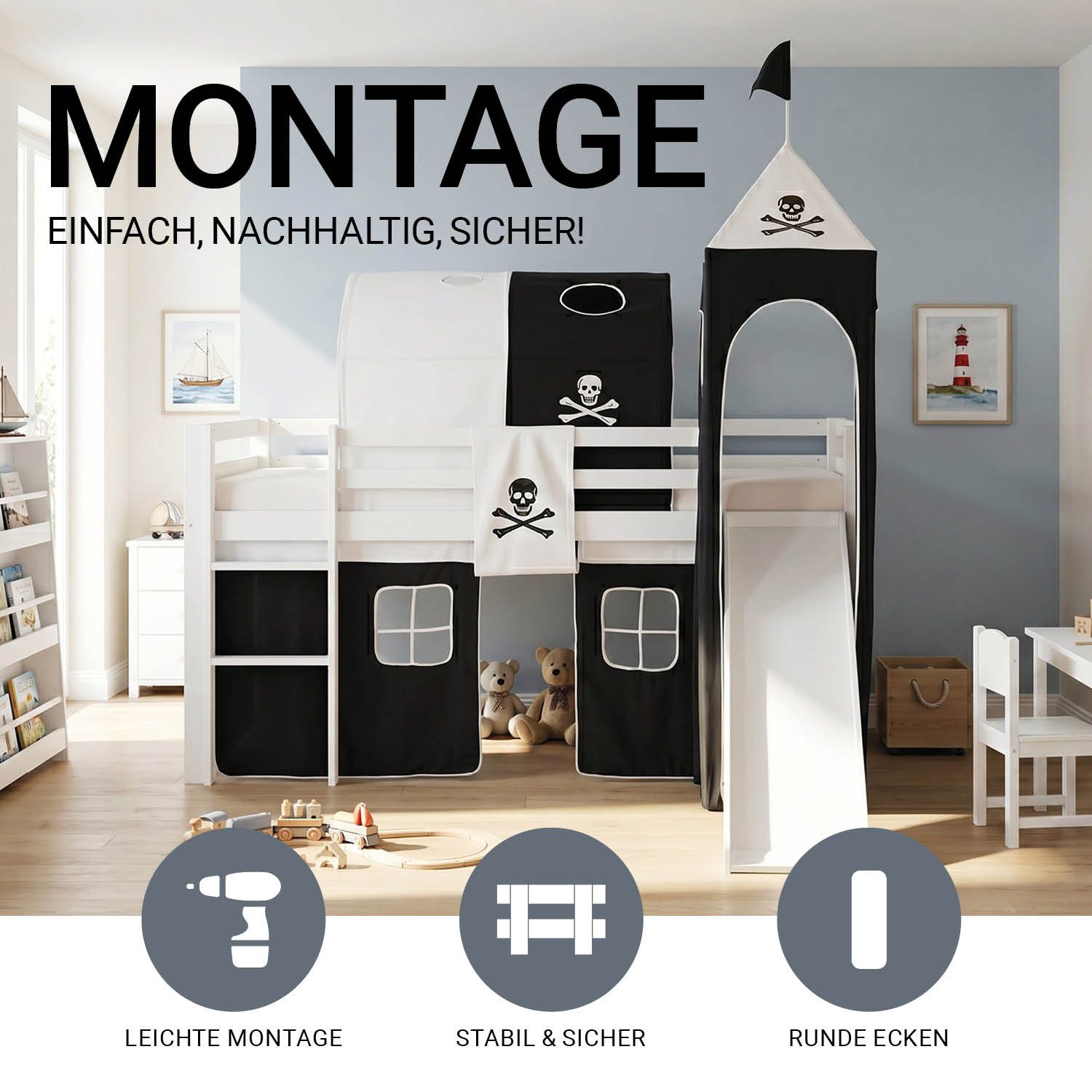 Homestyle4u Hochbett 90x200 cm Kinderbett Weiß mit Vorhang Kinder Treppe Leiter Kiefer Holz (Komplett-Set mit Lattenrost, mit Rutsche, mit Tunnel, mit Turm, Matratze mit OEKO-TEX® Standard 100) Pirat, Junge, Spielbett