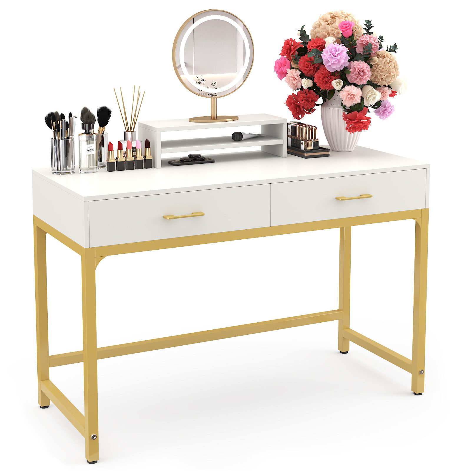 OYRREU Konsolentisch mit 2 Schubladen & Monitorständer, Breite 100 cm (goldfarbenes Metallgestell, modern, Schreibtisch 1 Set, Beistelltisch mit Aufbewahrung, Arbeitstisch), Wohnzimmer, Büro, Flur, Sideboard Tisch