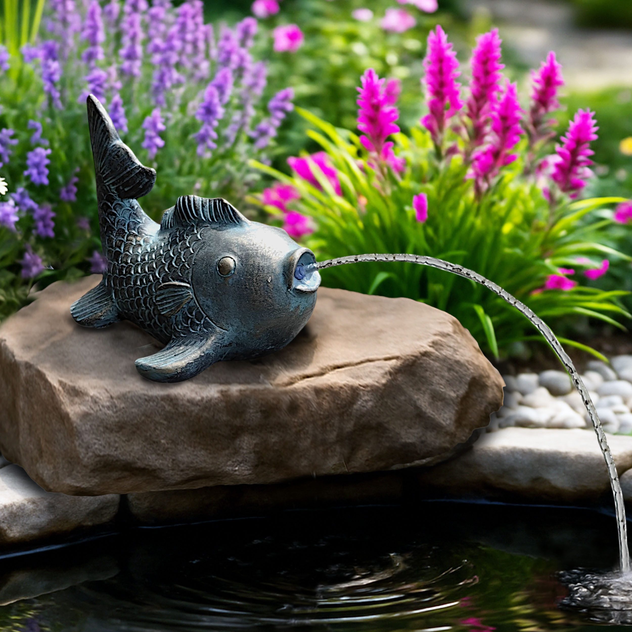 Arnusa Wasserspeier Karpfen solarbetrieben Teichfigur mit Solarpumpe & Wasserspiel, Solarbrunnen Solarteichfigur für Gartenteich & Wasserlauf