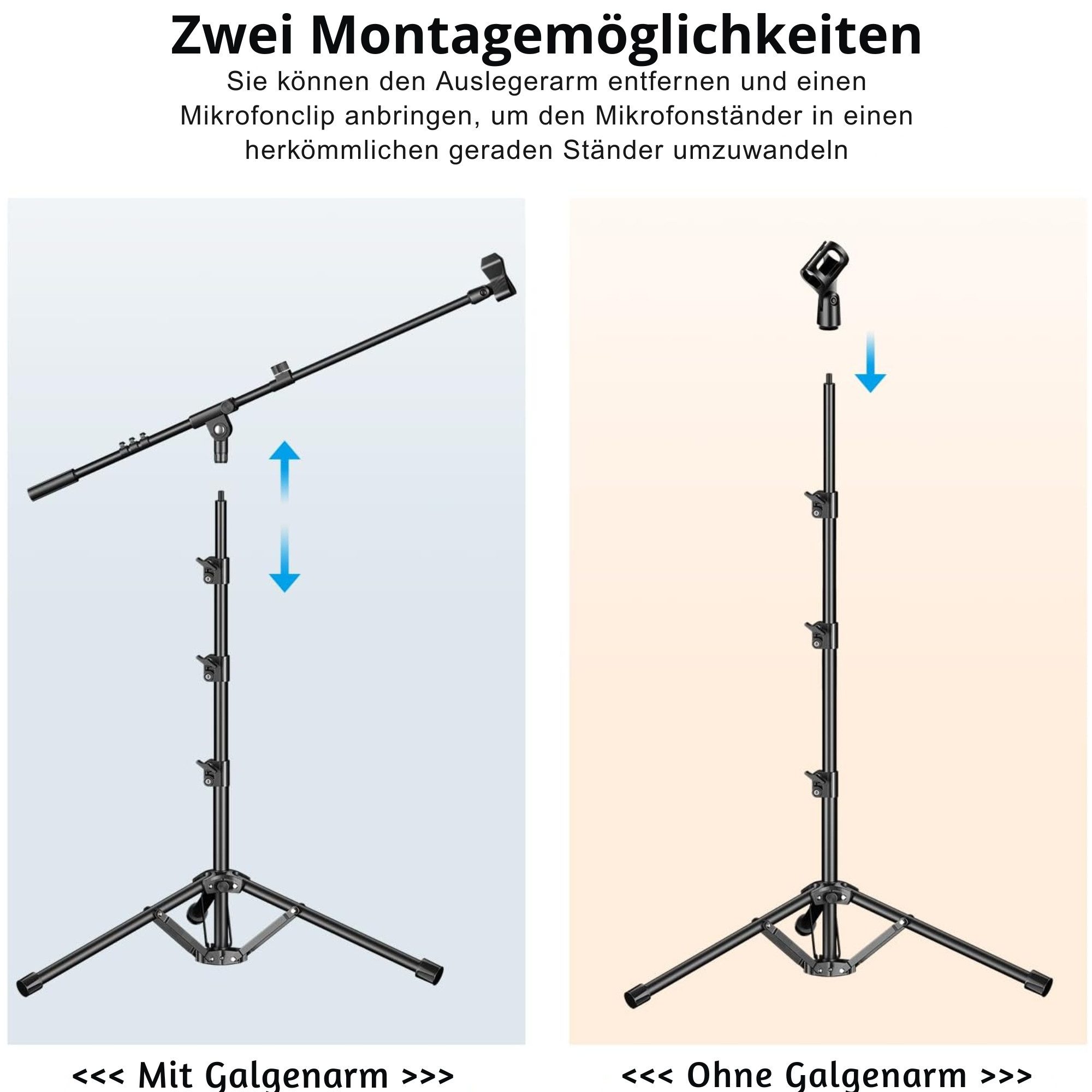 Vivitar Mikrofonständer mit Galgenarm und Tragetasche – Stabiles Stativ aus Stahl, 107–174 cm, (Shure SM58, SM7B, Samson Q2U, HyperX QuadCast, AT2020 u. v. m., ideal für Gesang, Podcast, Studio & Bühne – kompatibel mit Blue Yeti), Höhenverstellbarer verstellbar 2 Mikrofonklammern 3/8"-5/8" Adapter