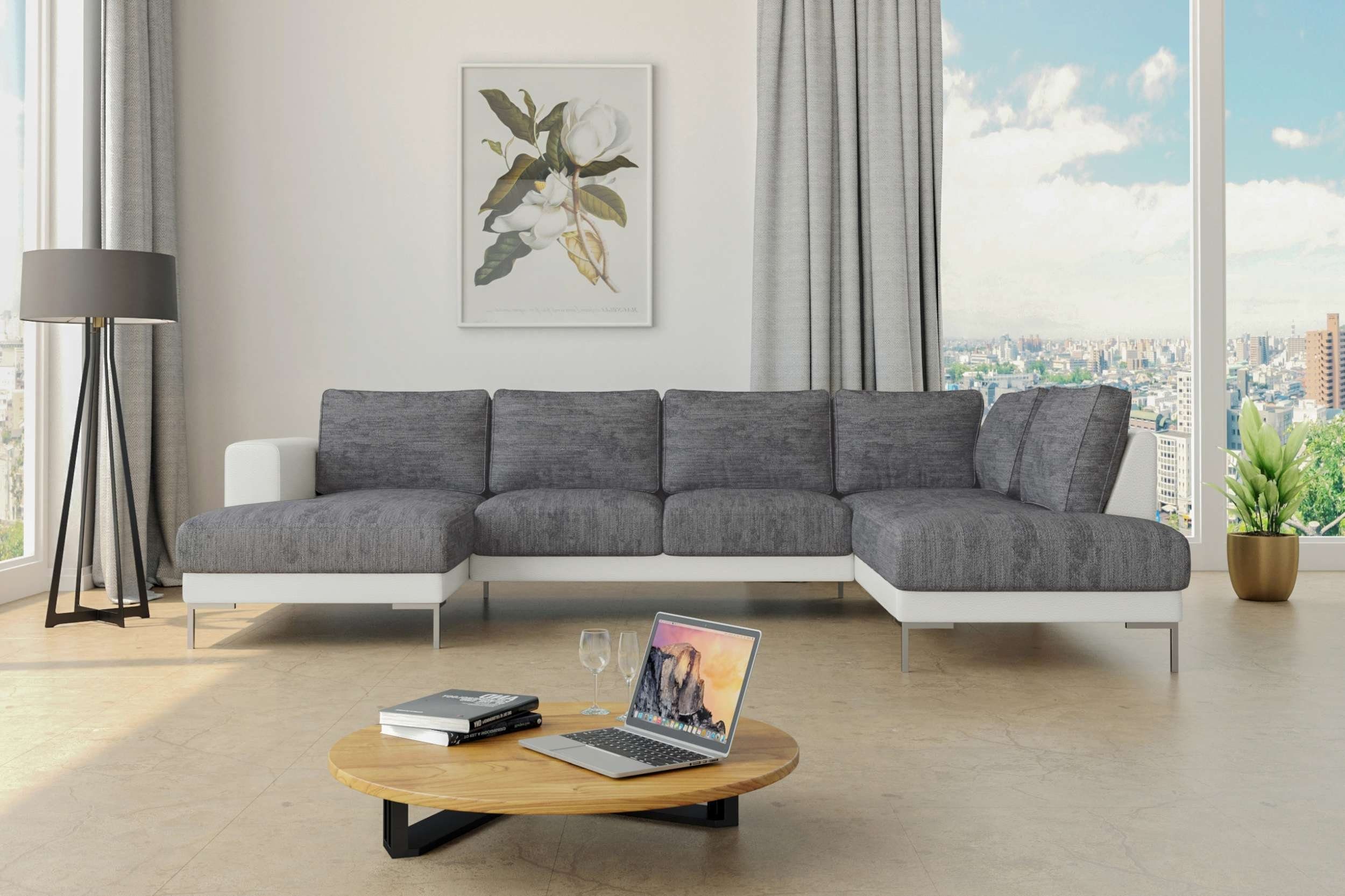Stylefy Design, Grau Sofa, links Metall Wellenfederung, mit im Wohnlandschaft Santini, Weiß oder - rechts Raum U-Form, Modern mane bestellbar, frei stellbar,
