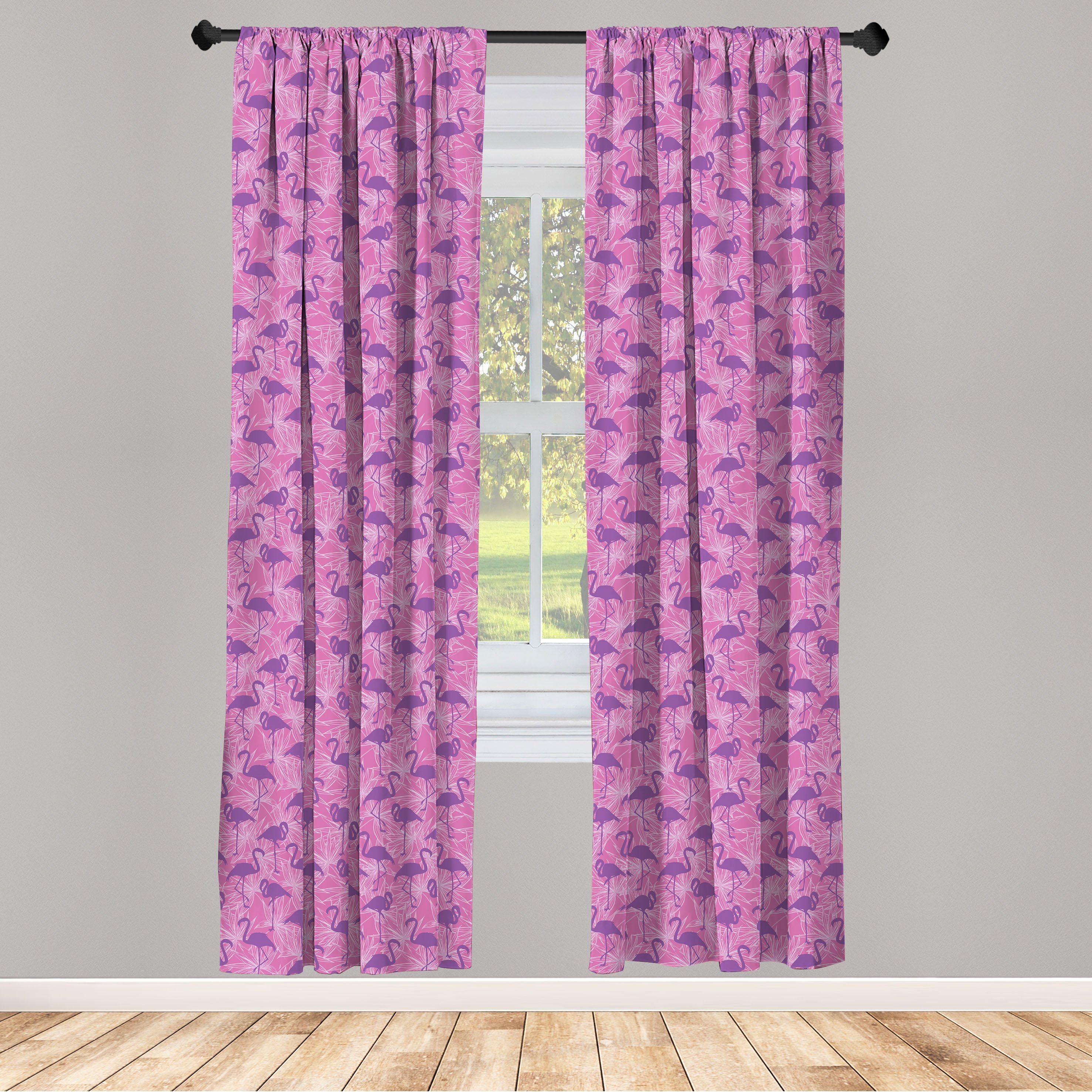 Gardine Vorhang für Wohnzimmer Schlafzimmer Dekor, Abakuhaus, Microfaser, Tropisch Flamingos auf Blättern