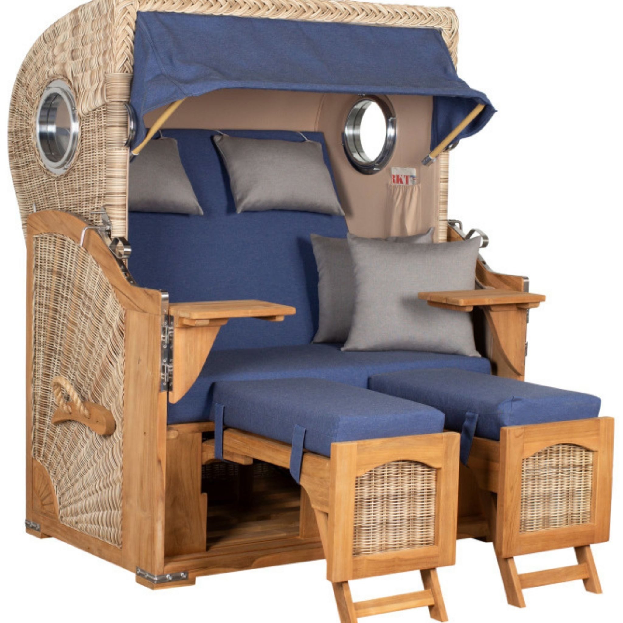 MR.DEKO Strandkorb 2-Sitzer Düne Teak PE Shell Bullauge 125x80x170cm, BxTxH: 125x80x170 cm, Volllieger, Düne, (Fertig montierter Strandkorb für Garten, Terrasse & Balkon), Wetterfester Volllieger mit Edelstahlbeschlägen & waschbaren Polstern