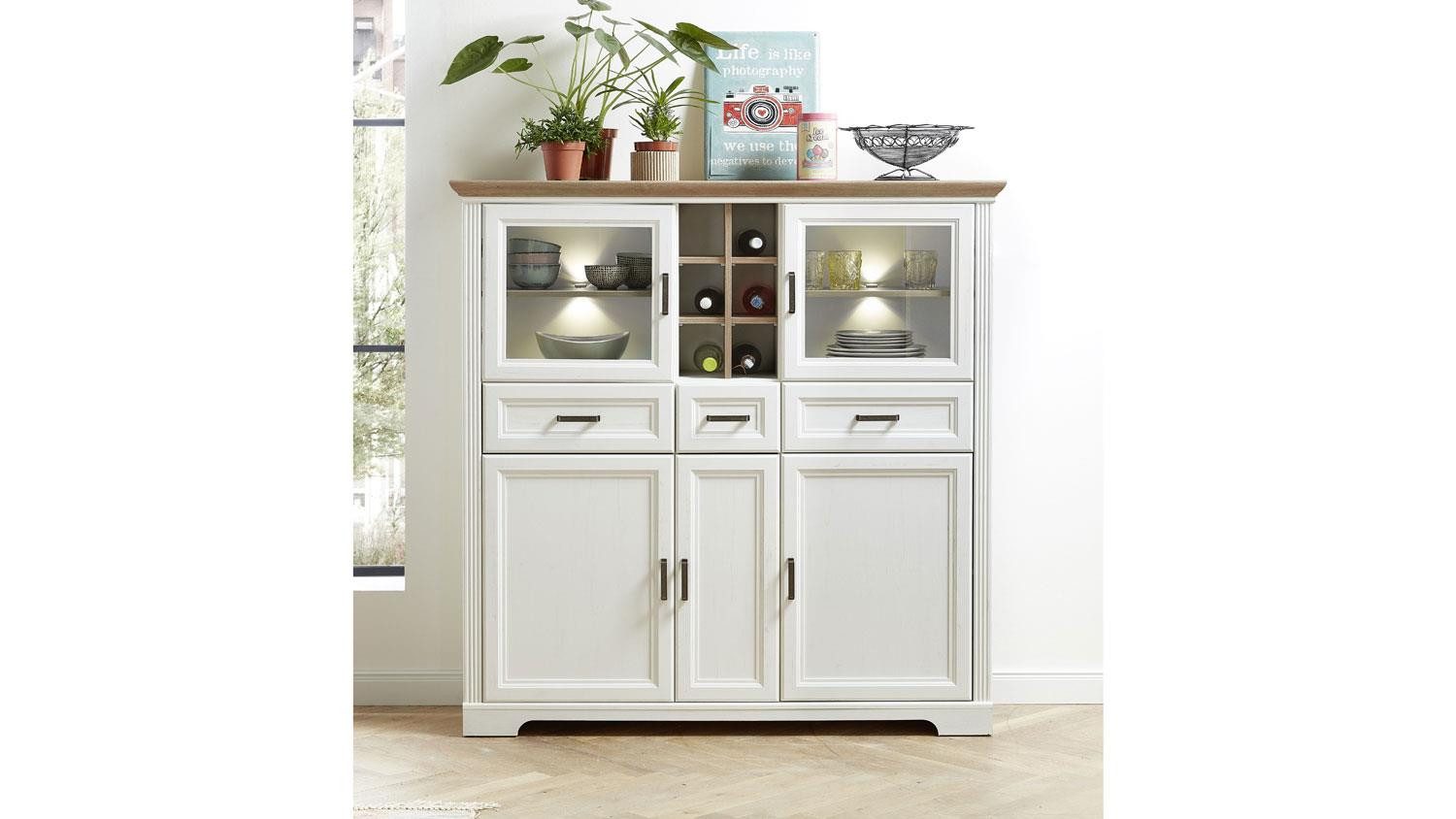 Innostyle Vitrine Highboard Jasmin Pinie hell und Artisan Eiche mit LED 143x150 cm