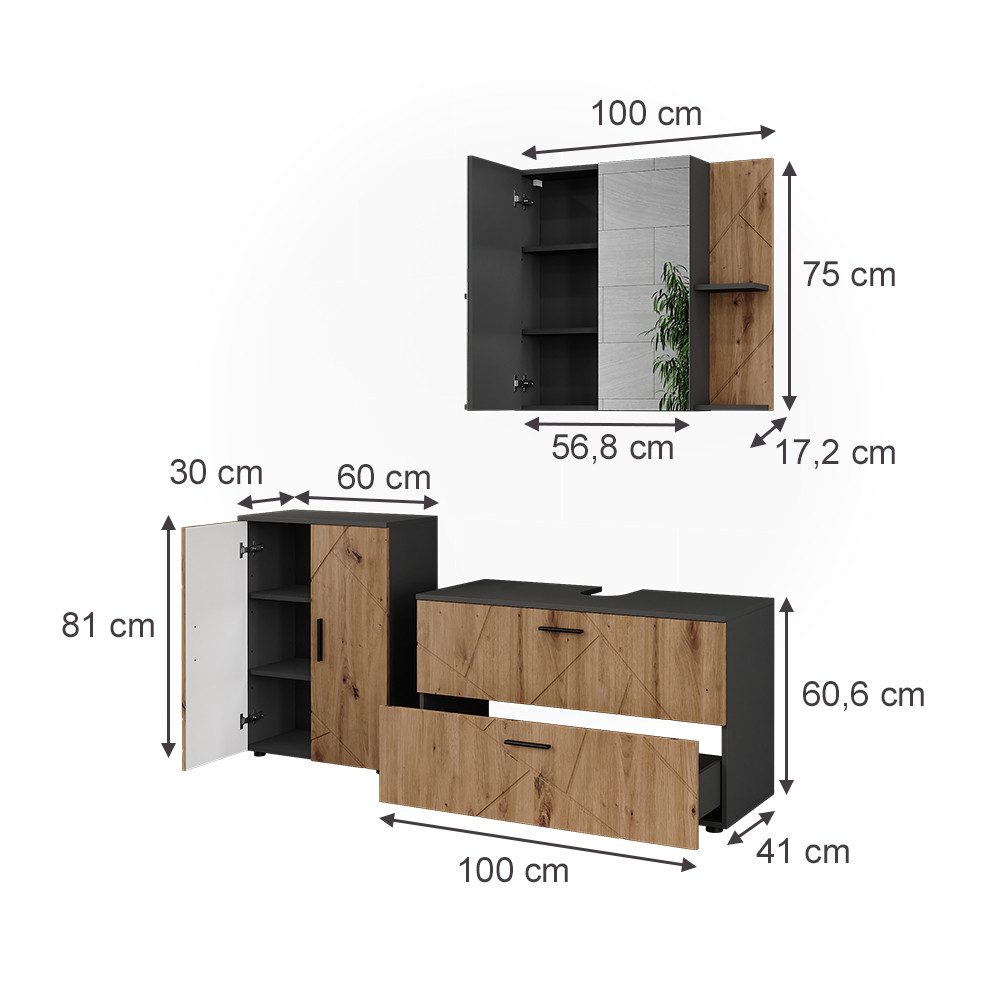 Vicco Badmöbel-Set Irma, Anthrazit/Artisan, 3 Teile, günstig online kaufen