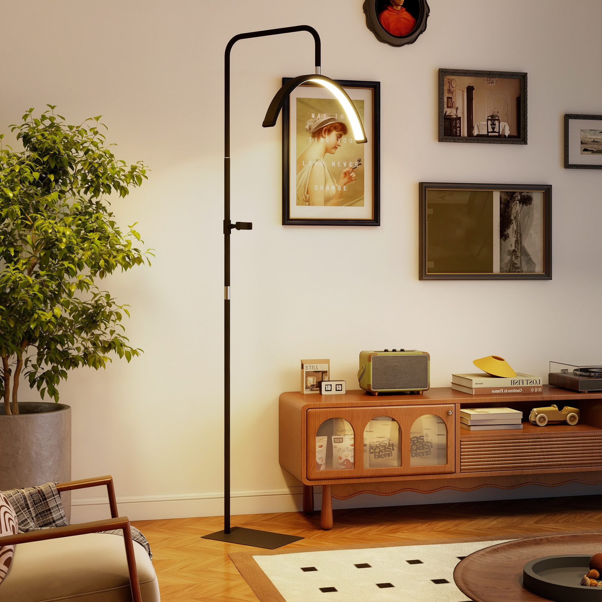 HOMCOM Stehlampe LED Halbmond Wimpern Lampe mit Telefonhalter, Dimmfunktion, LED fest integriert, Tageslichtweiß, für Wimpernverlängerung, Tattoo, Nägel, Hautp