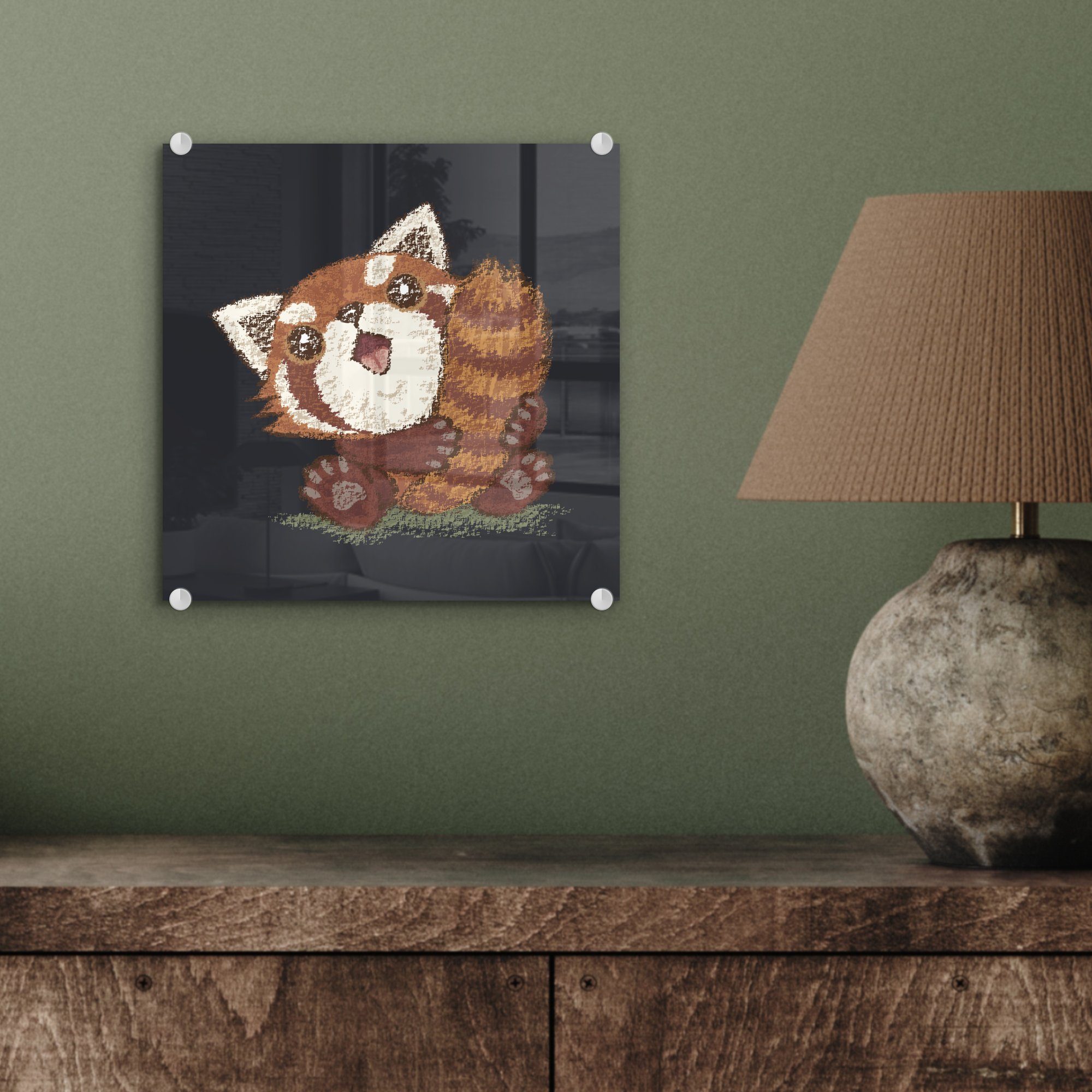 Wandbild auf MuchoWow St), - Schwanz, (1 - Illustration Glas Glasbilder seinem Pandas Wanddekoration mit Acrylglasbild auf eines Foto - Bilder Glas roten