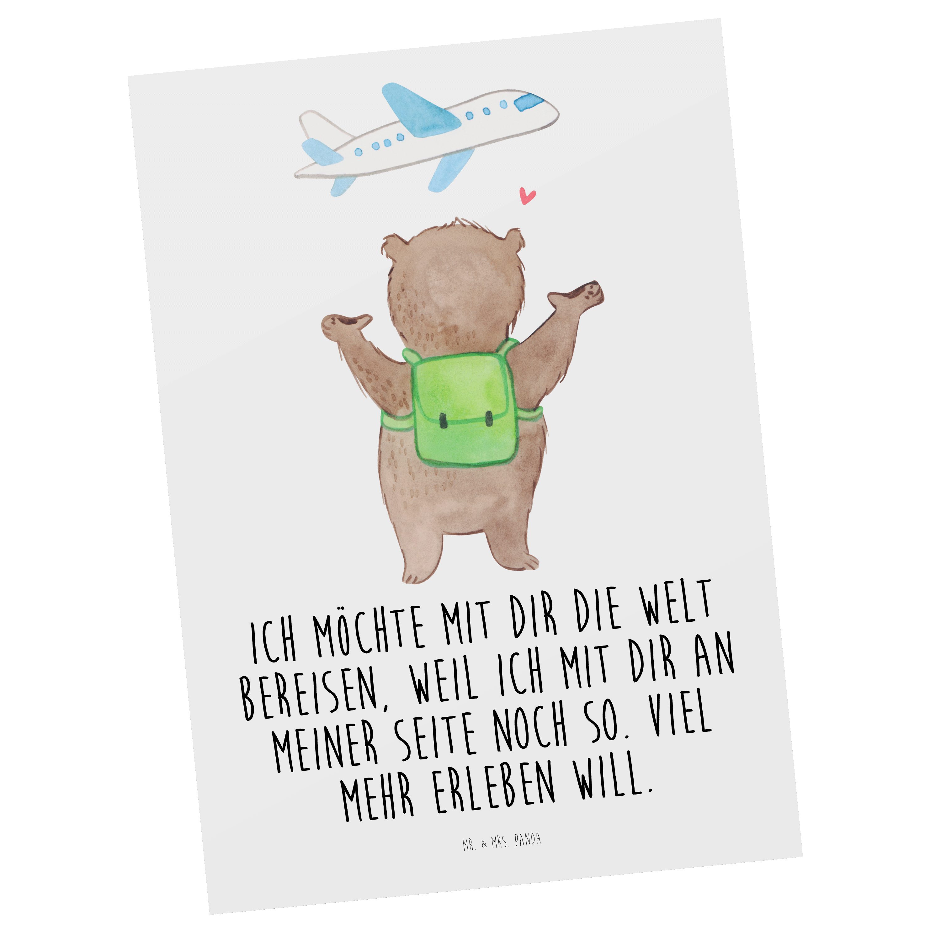 Mr. & Mrs. Panda Postkarte Bär Flugzeug - Weiß - Geschenk, Ehemann, Dankeskarte, Geburtstagskart