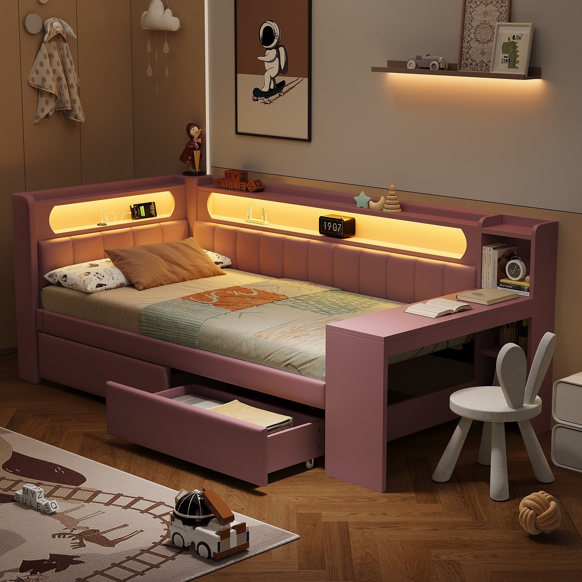 Ulife Polsterbett Tagesbett Kinderbett mit LED-Beleuchtung und Schreibtisch günstig online kaufen