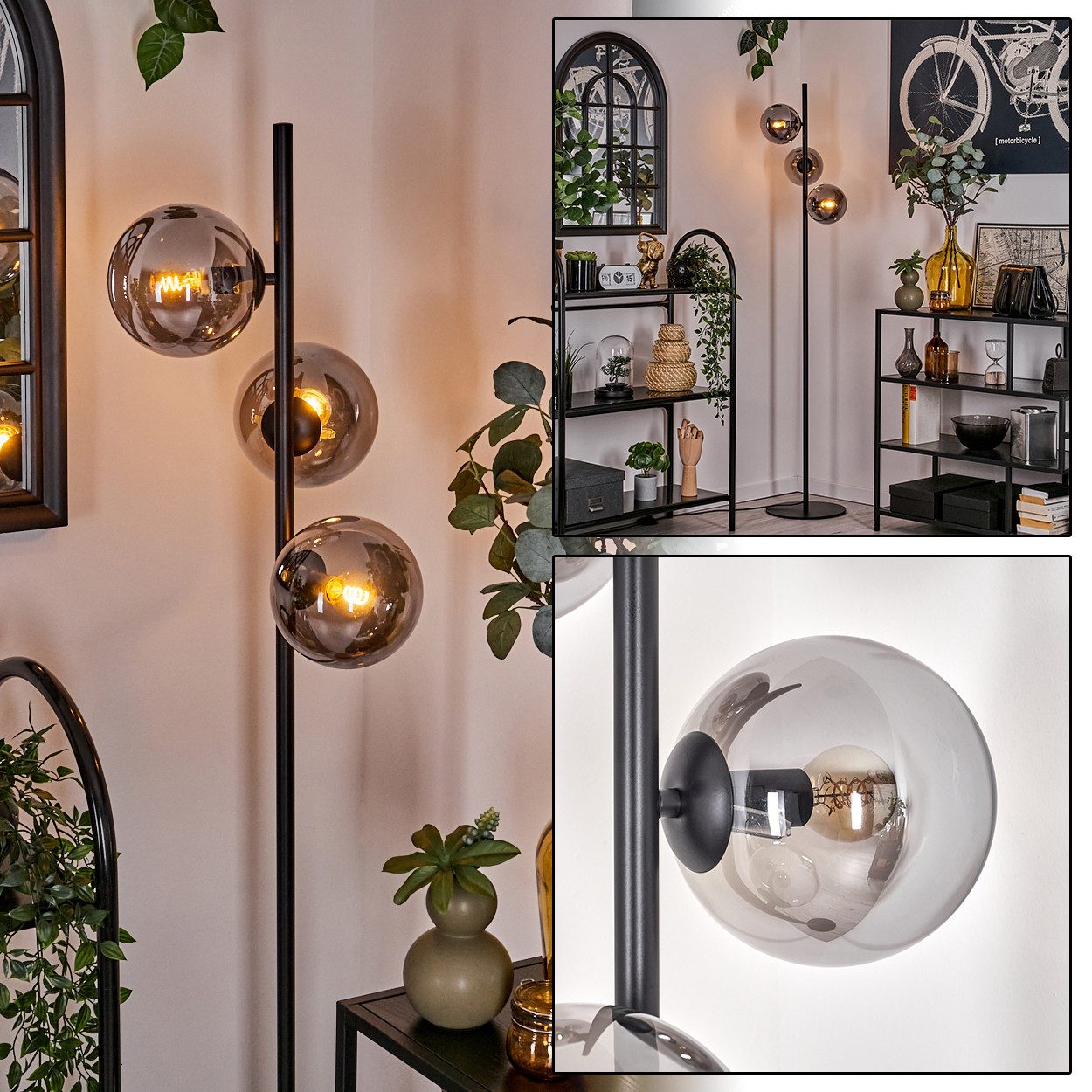 Stehlampe Stehlampe aus Metall/Glas in Schwarz/Rauchfarben