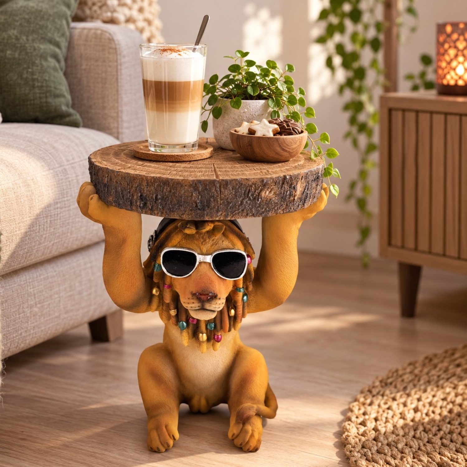 Online-Fuchs Beistelltisch Löwe mit runder Baumscheibe in Holz Optik - cooles modernes Design (in 2 verschiedenen Größen erhältlich, wetterfest), auch zu verwenden als Nachttisch, Gartentisch oder als Blumenerhöhung