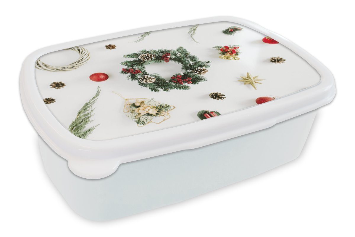MuchoWow Lunchbox Winter - Kranz - Weihnachten, Kunststoff, (2-tlg), Brotbox für Kinder und Erwachsene, Brotdose, für Jungs und Mädchen weiß
