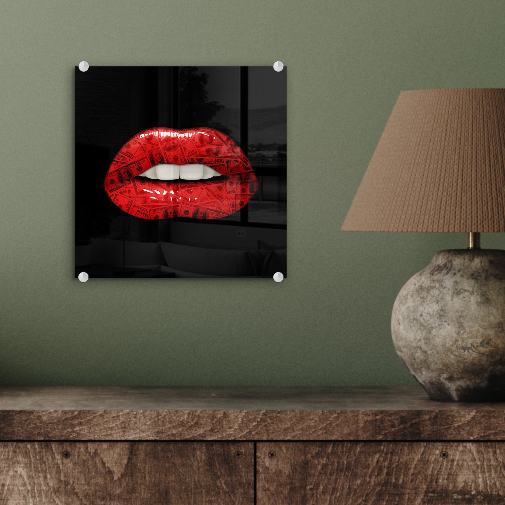 Wandbild Glas Bilder auf - Geld - Foto - - St), auf Glas Rot, - MuchoWow Glasbilder Wanddekoration (1 Lippen Acrylglasbild