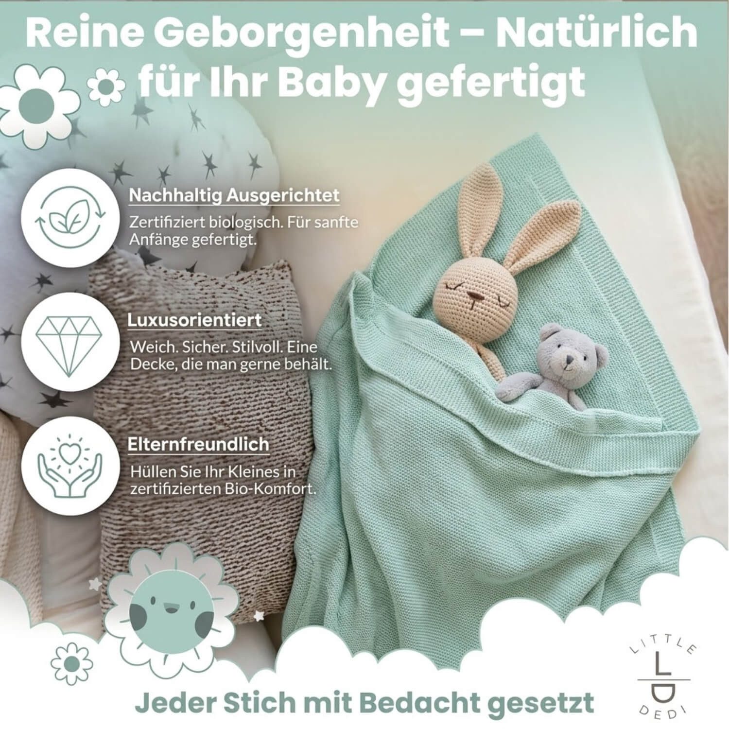 Babydecke Baby Strickdecke, %100 Bio Baumwolle, Atmungsaktiv, 80x100cm, Hellgrün, Little Dedi