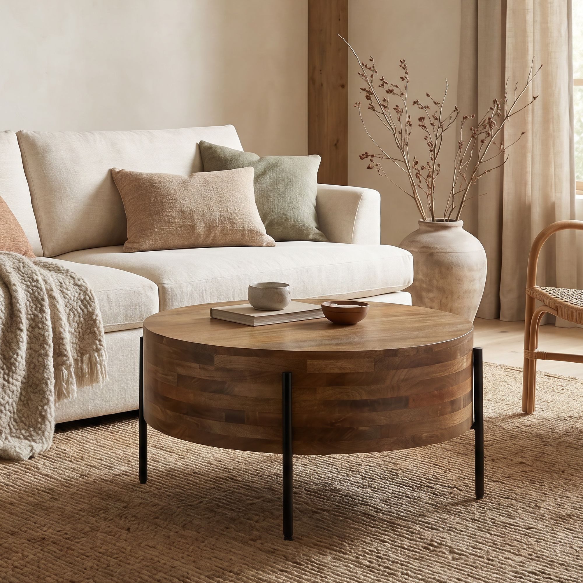 Wohnling Couchtisch WL7.453 Sofatisch Massivholz Rund 70cm Wohnzimmertisch Beistelltisch (Stabiler Sofatisch mit dunklen Metallbeinen), Pflegeleichte Oberfläche aus echtem Mangoholz