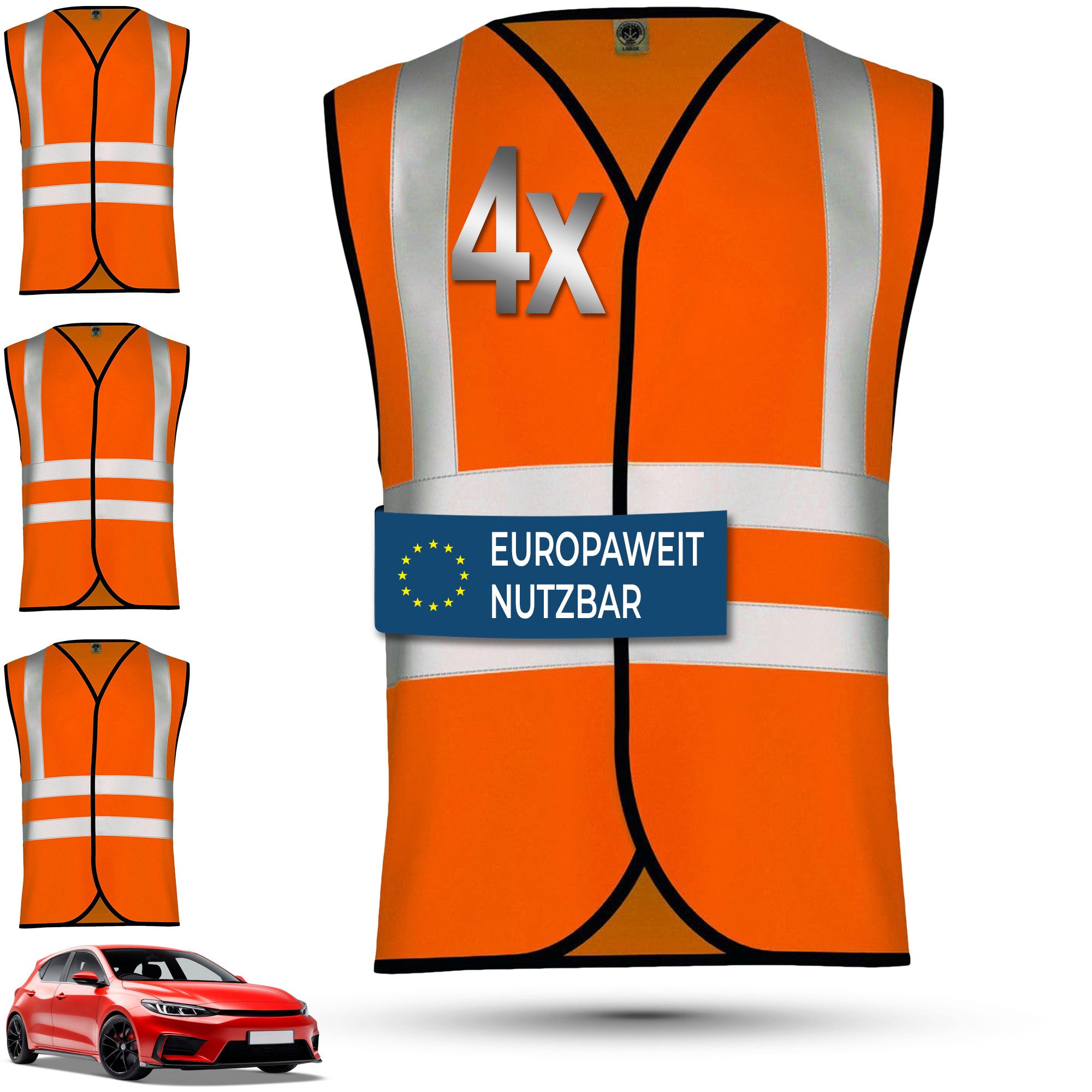 OMKA Warnweste 4 x Warnweste Set Amazon (Spar-Set) 4x Warnweste Sicherheitsweste Auto Sicherheitswarnweste Pannenweste