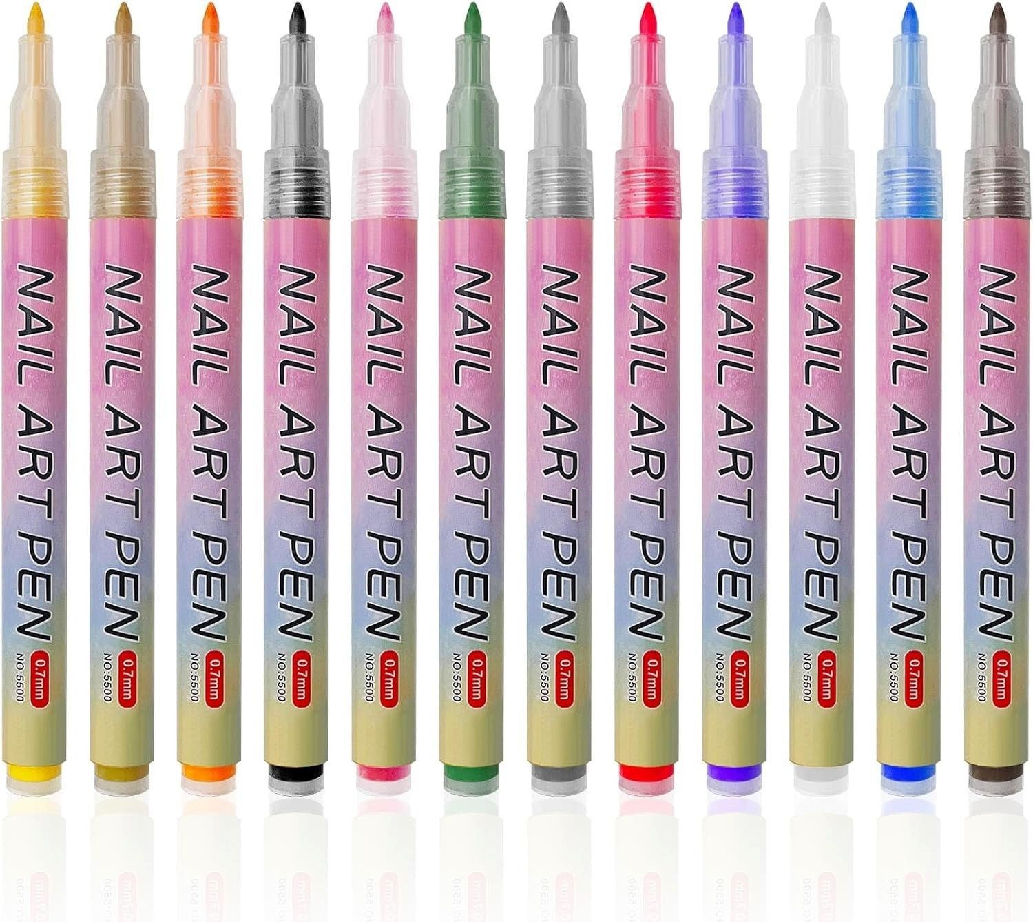 Zengi Nageldesign Zubehör 3D Nail Art Pen Set mit 12 Farben für Gel-, Natur- und Acrylnägel, Set 12-tlg., für Linien und Muster, Schnelltrocknende Nageldesign-Stifte für Anfänger und Profis geeignet