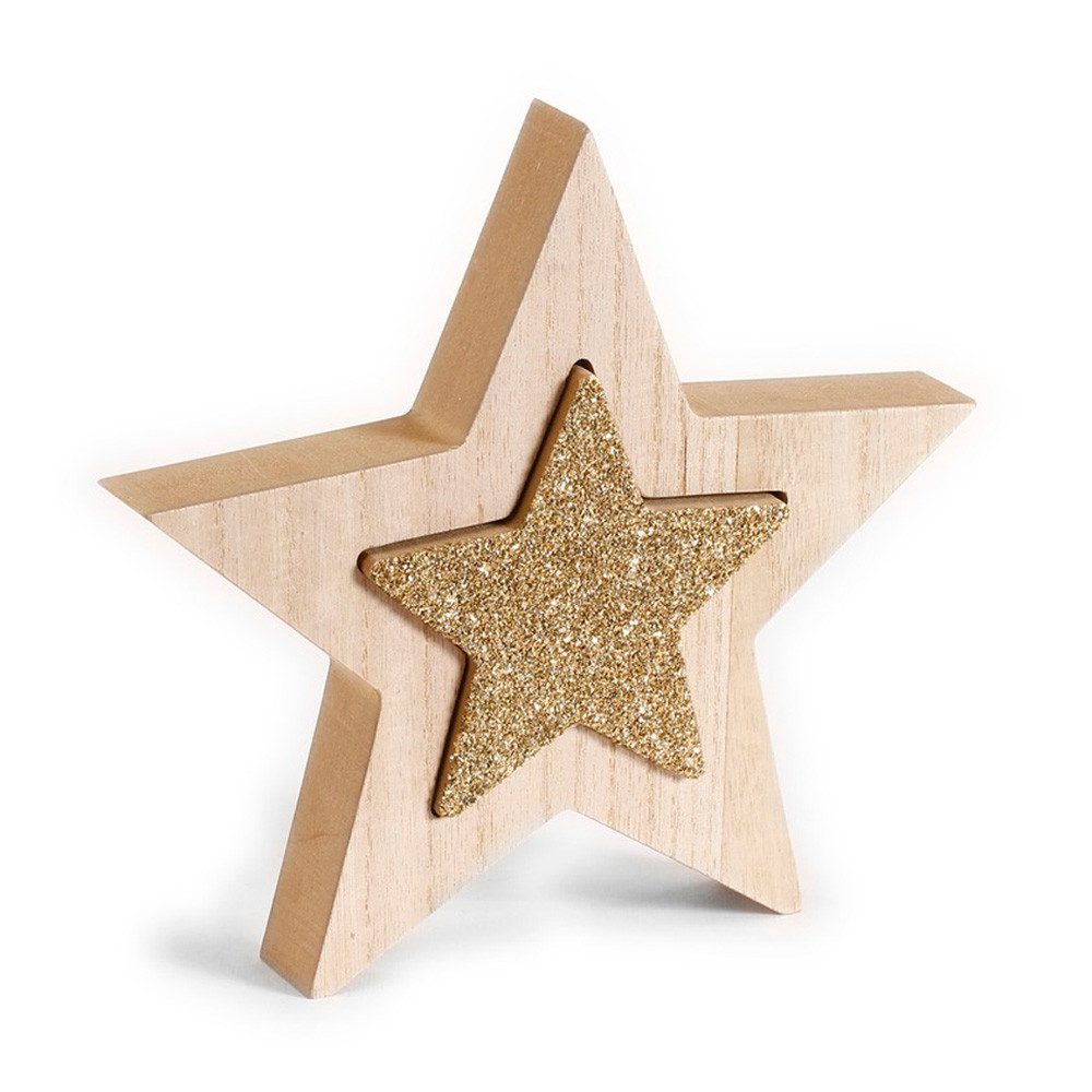 Holly & Jolly Christbaumschmuck, Holzstern 2in1 Aufsteller 15cm / 20cm - natur / gold